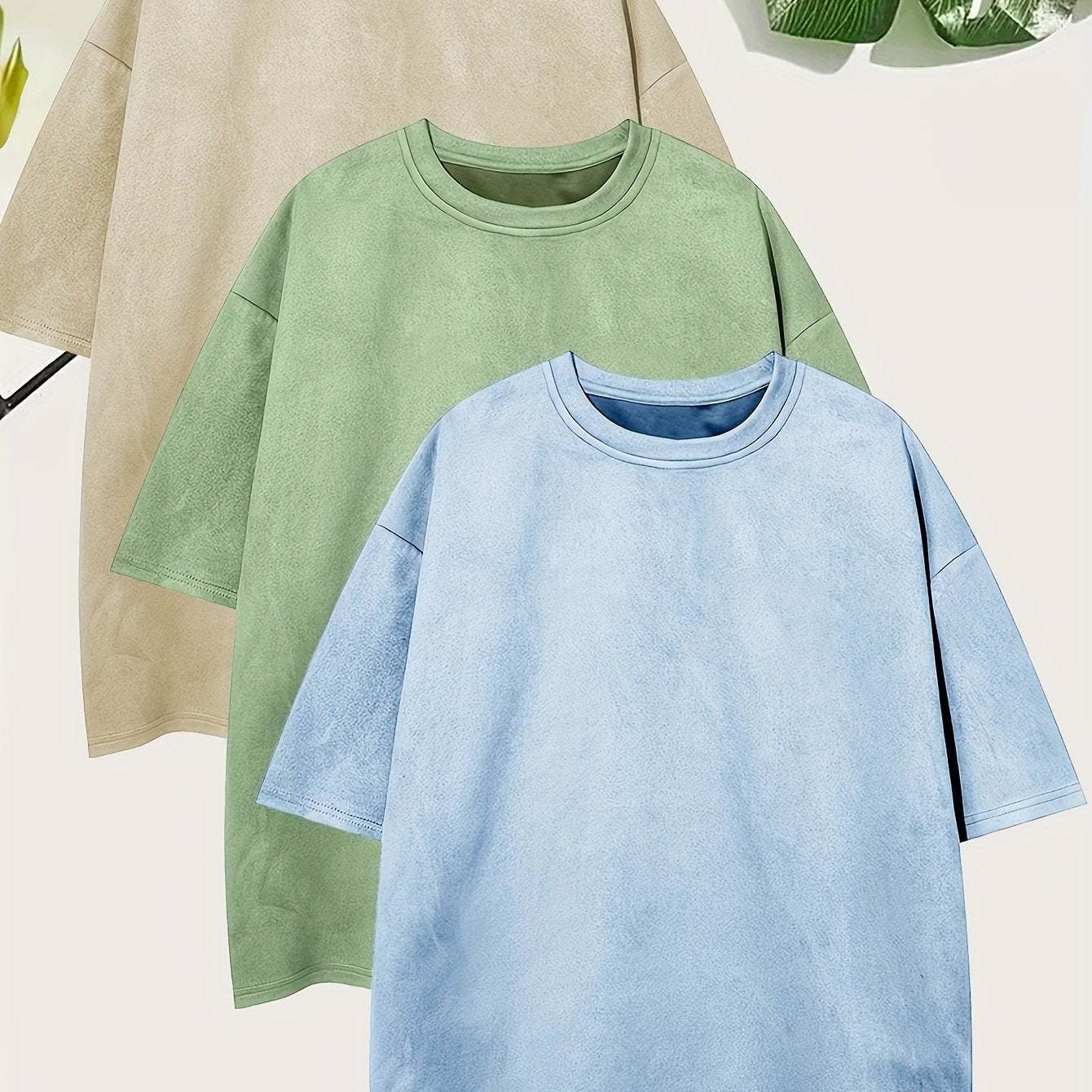 Pearson OBM Men'S Casual Loose Solid Color Faux Suede T-Shirt Set of 3, Short-Sleeve Round Neck Comfortable Tops.