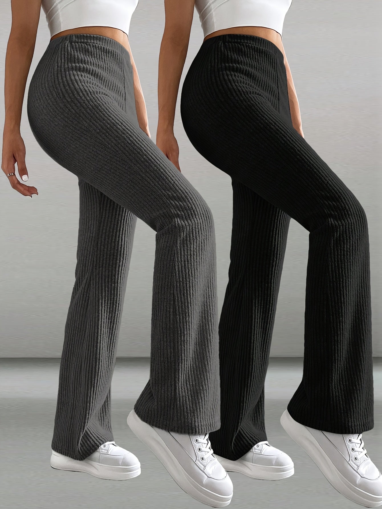 Lot de 2 Pantalons Femme Élégants – Jambe Large, Couleur Unie, Taille Élastique, Ourlet Évasé, Tous Saisons, Bureau et Décontracté