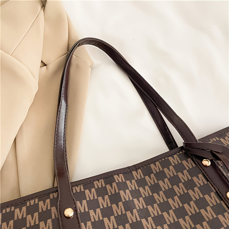 Sac à Main Femme Élégant– Sac Cabas avec Bandoulière Chaîne Dorée et Logo « M », Cuir Synthétique, Motif Pied-de-Poule en Marron Clair/Blanc/Noir, Fermeture Éclair, Doublure en Polyester