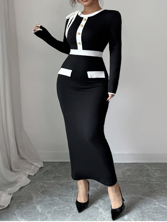 Plus Size, Plus Size Women's Elegant Bodycon Dress - Color Block with Bow Tie Button Detail, Stretchy Figure-Hugging Midi Dress for Date Night & Banquet