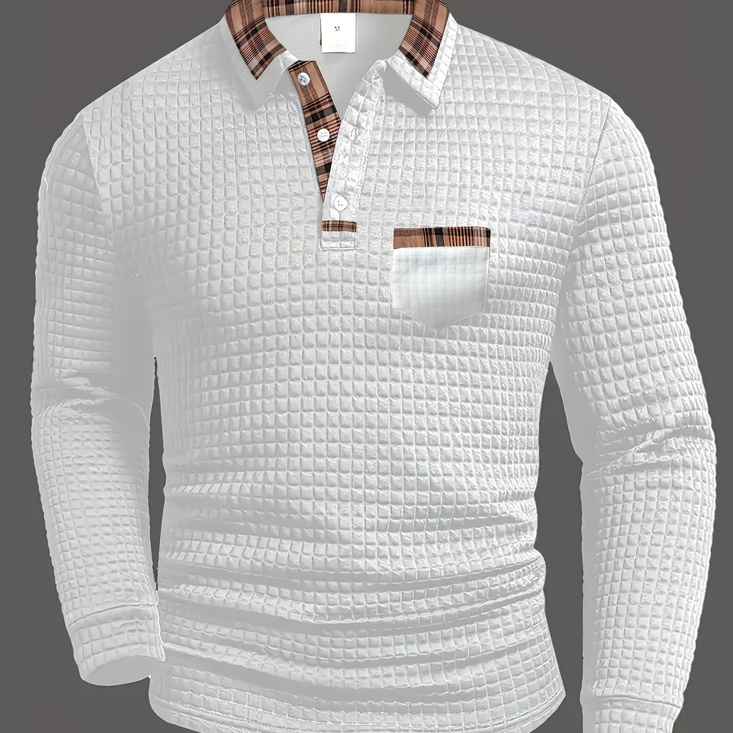 Men'S Casual Warm Long Sleeve Polo Shirt - Gray with Brown & White Plaid Collar, Button-Up Front, Textured Waffle Weave, Perfect for Fall, Casual Wear|Plaid Pattern Shirt|Buttonup Collar Shirt