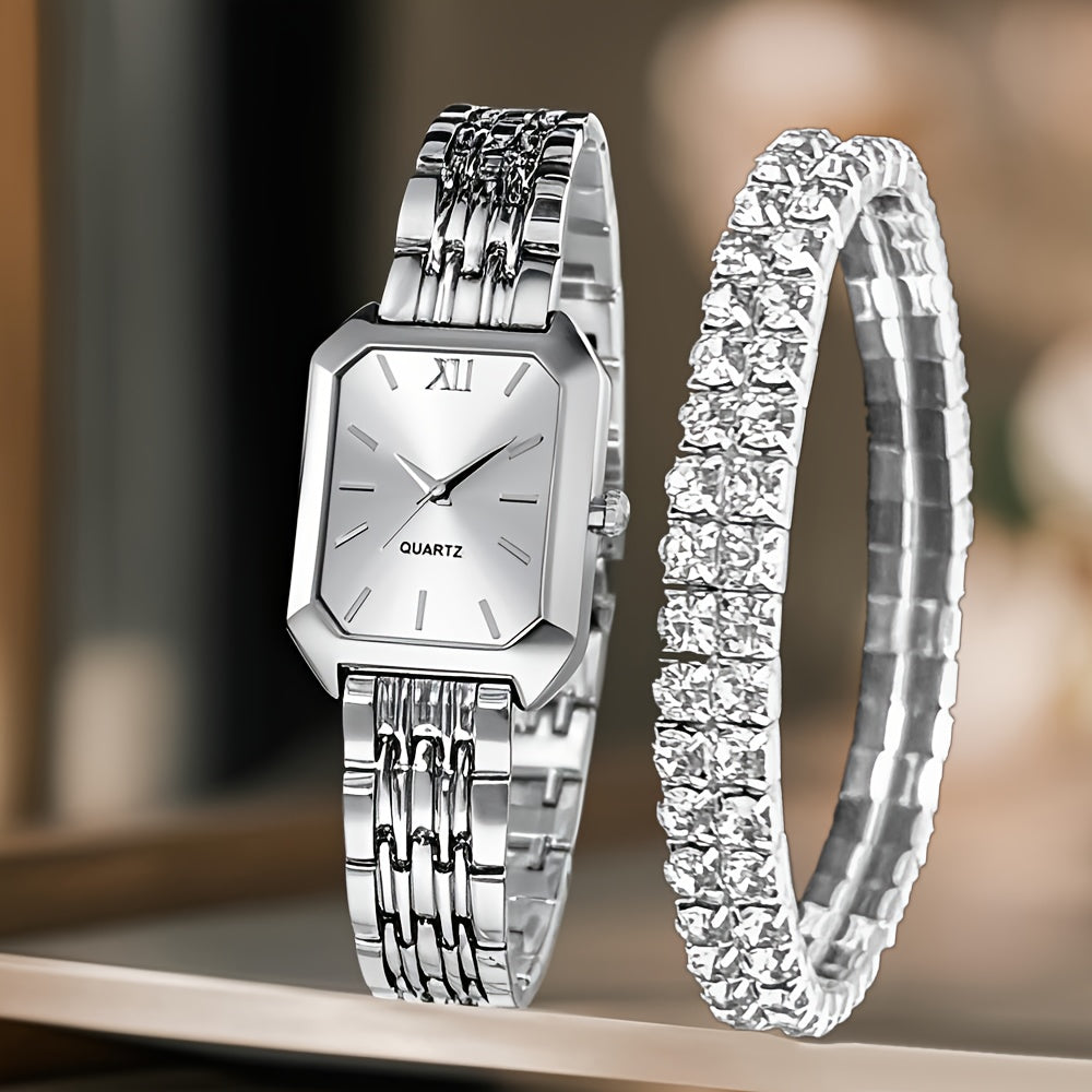 Coffret Cadeau Montre Femme – Lot de 2 Pièces Élégantes, Montre Style Classique avec Bracelet de Luxe, Cadran Rectangulaire Rétro, Bracelet Confortable en Alliage, Idéal Cadeau Famille et Amis, Parfait pour Pâques ou Tenues Décontractées