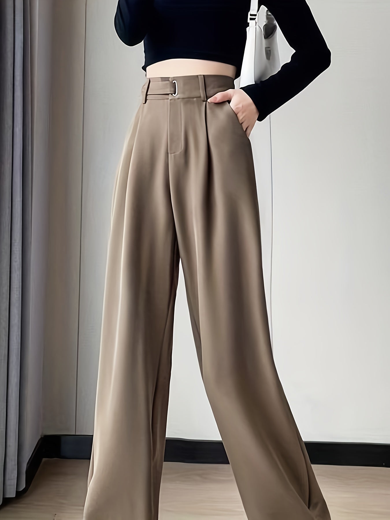 Pantalon Femme Noir 2025 – Costume Haut de Gamme, Taille Haute, Jambe Droite ou Large, Sans Ceinture, Printemps/Été/Automne