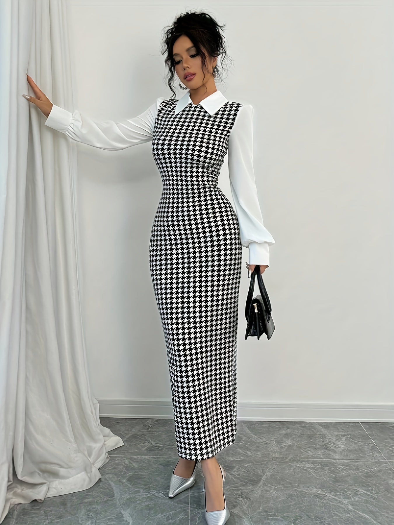 Women's Elegant Houndstooth Maxi Dress with Collar & Piping - Slim-Fit Long Dress, Sleeve, Machine Washable Fabric for Weddings, Parties, Fall Winter Events - Year-Round Wear for short or tall (Matching outfits available)