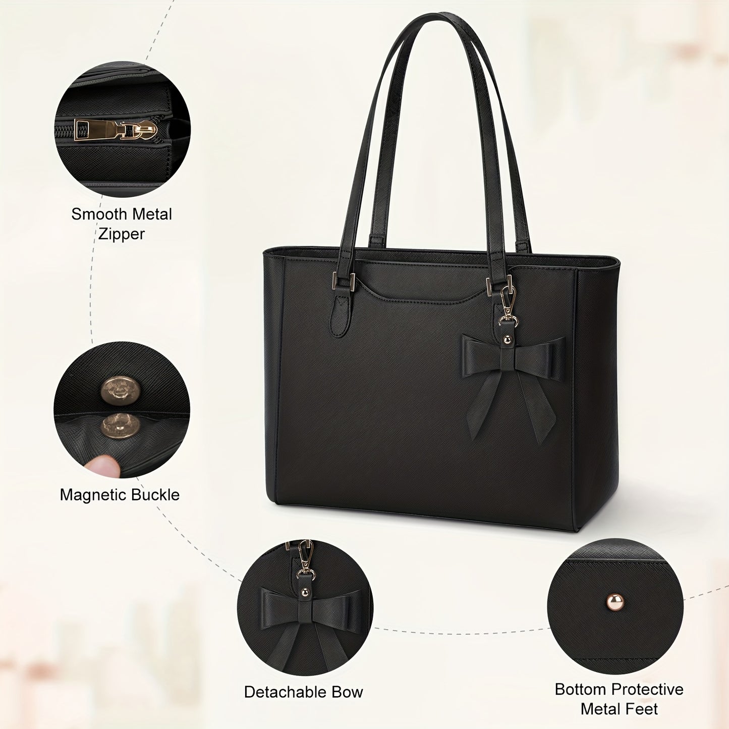 Sac ordinateur femme – grand cabas élégant à nœud, format A4, idéal pour le travail, les entretiens d’embauche et les trajets quotidiens