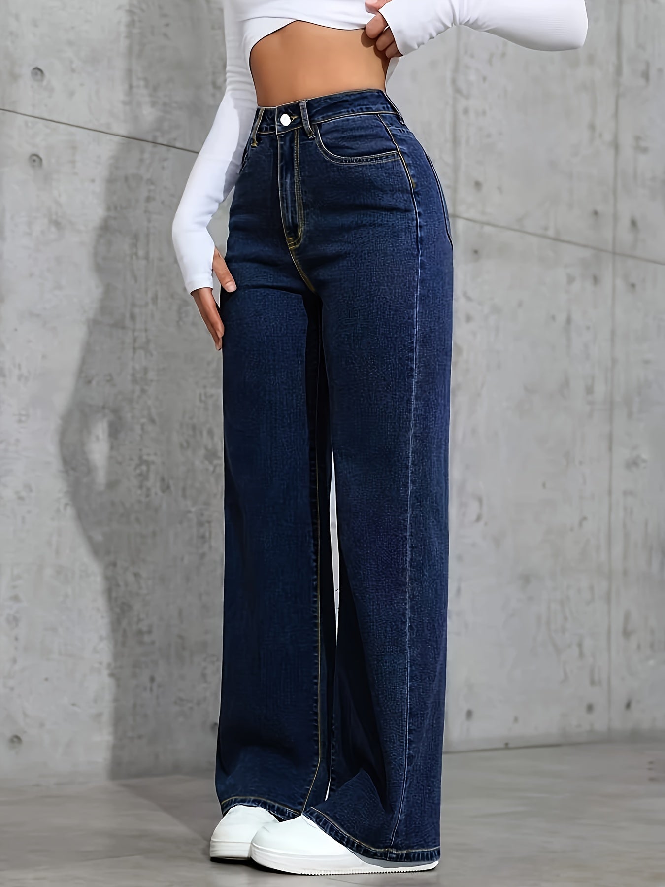 Jeans Femme Style Basique Bleu Effet Usé Jambe Droite Décontracté Poches Multifonction Extensible Confortable Polyvalent