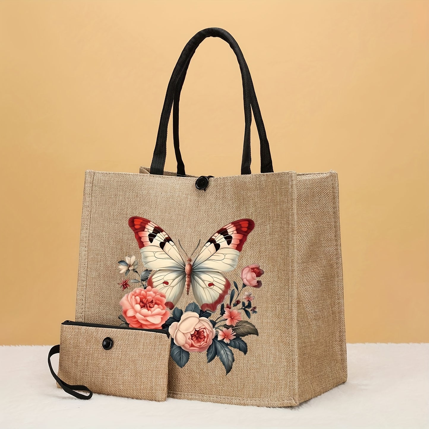 Set 2 Sacs Cabas à Motif Papillon et Fleurs – Tissu Durable, Fermeture à Boucle, Portefeuille Inclus, Idéal pour Shopping, Voyages, Plage – Cadeau Parfait pour Enseignants, Amies, Camarades de Classe, Meilleures Amies et Sœurs