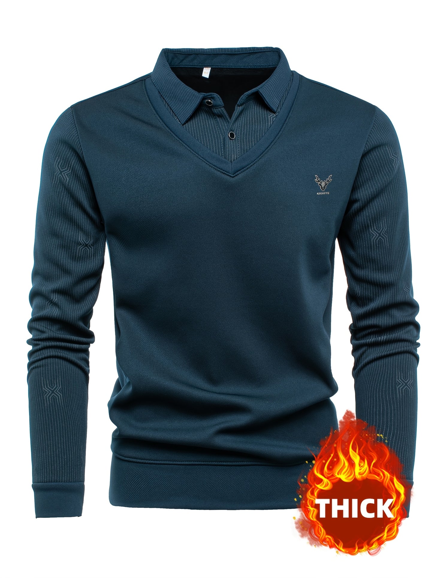 New Autumn And Winter Men'S Long-Sleeve Thickened Fleece Top with a Faux Two-Piece Design, Featuring a Deer Head Label, Stylish Pinstripe Pattern, Warm And Soft for Cold Weather, Perfect for Outdoor Activities, And a Great Gi