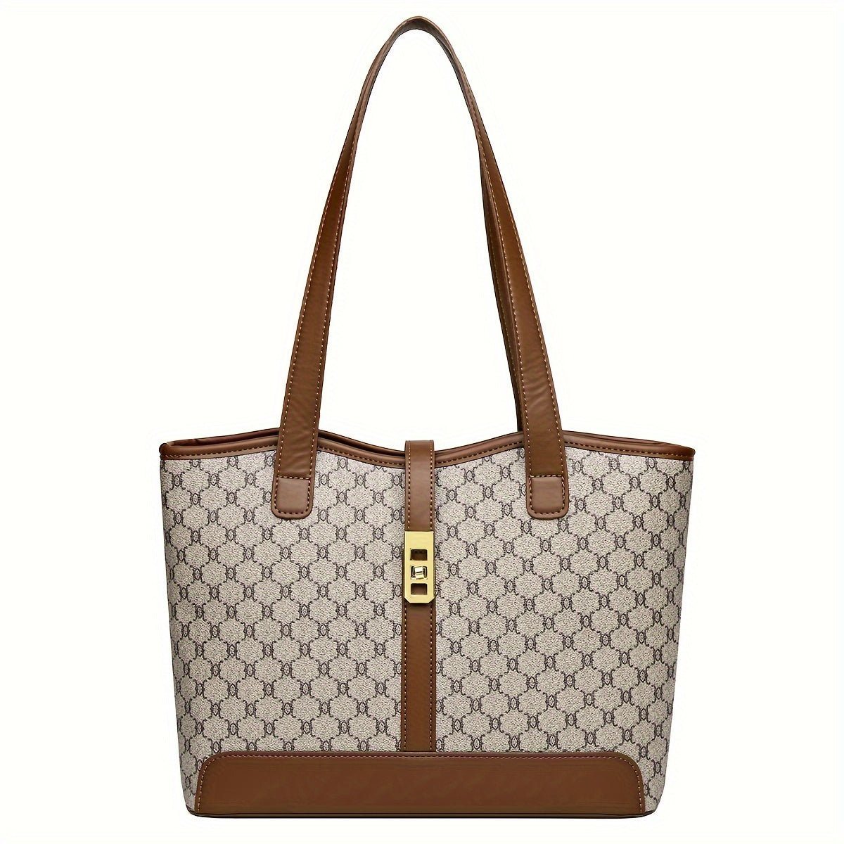 Sac cabas grande capacité pour femme – Café et gris, ferrures dorées, fermeture éclair, anses solides, bandoulière détachable, élégant pour travail et voyage