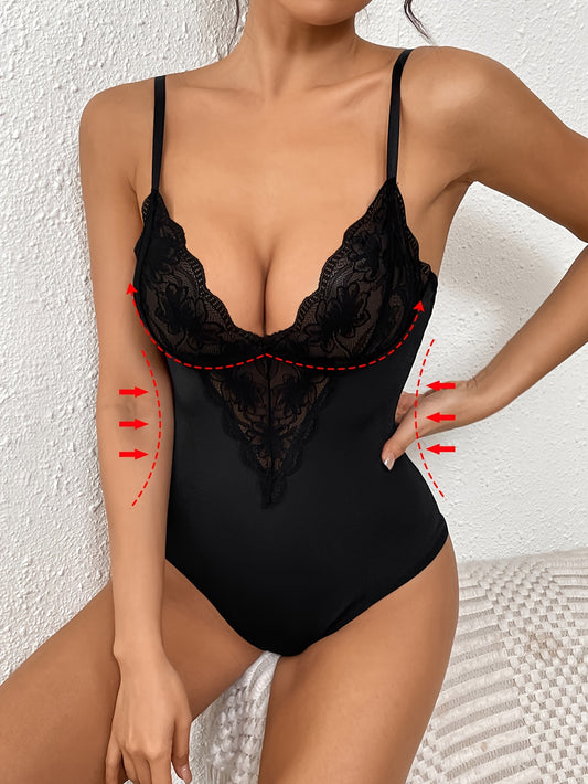 Body sexy femme en dentelle avec décolleté profond en V, détails ajourés et bretelles réglables. Fermeture à boutons-pression pour un confort optimal. Lingerie élégante et galbante, disponible aussi en grande taille