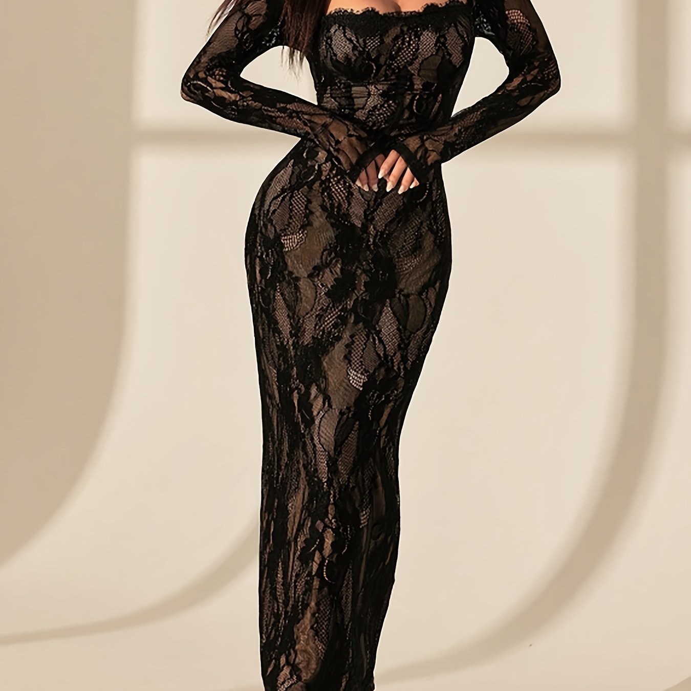 Women's Elegant Square-Neck Bodycon Lace Dress - Long Formal Party Wedding Guest Gown, Machine Washable - Long Dress with Full-Length Coverage, Non- Solid Color Elegant Partywear