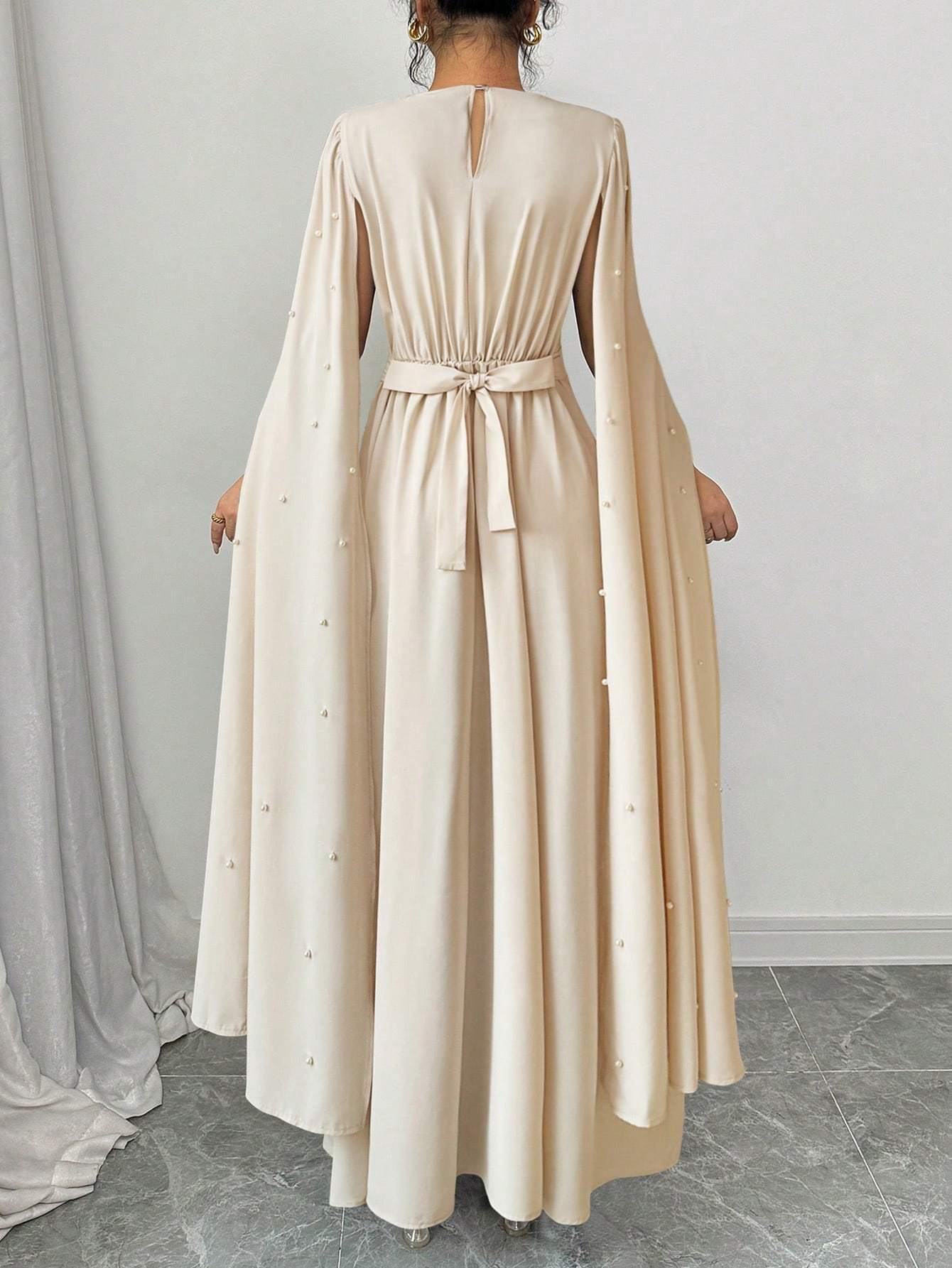 Cloak Sleeve Dress with Pearl Embellishments, Elegant And Fitted, Vintage Style, Evening Gown.