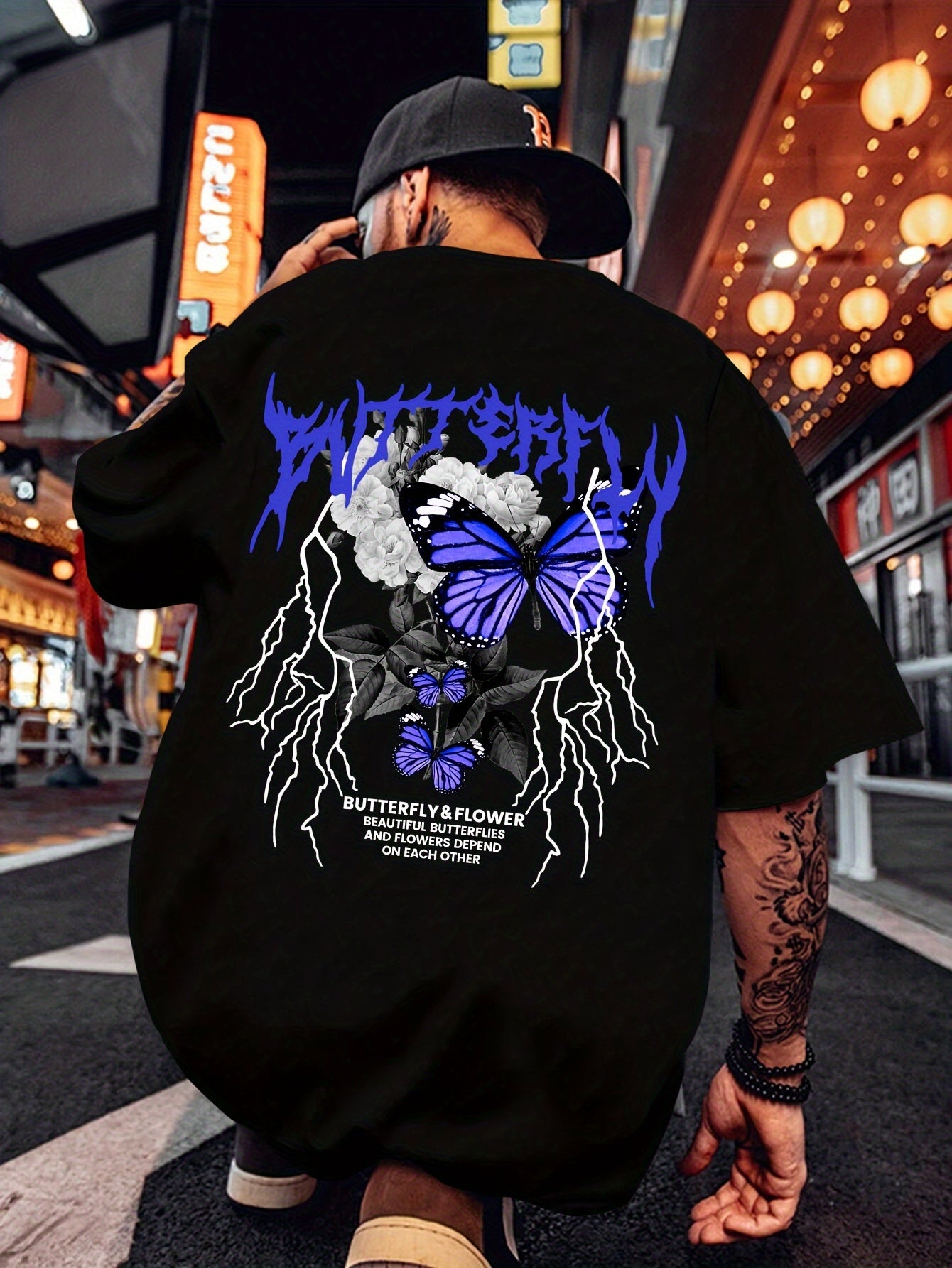 Gothic Butterfly Print, Men's Graphic Design Crew Neck Active T-shirt, Casual Comfy Tees Tshirts For Summer, Men's Clothing Tops For Daily Gym Workout Running