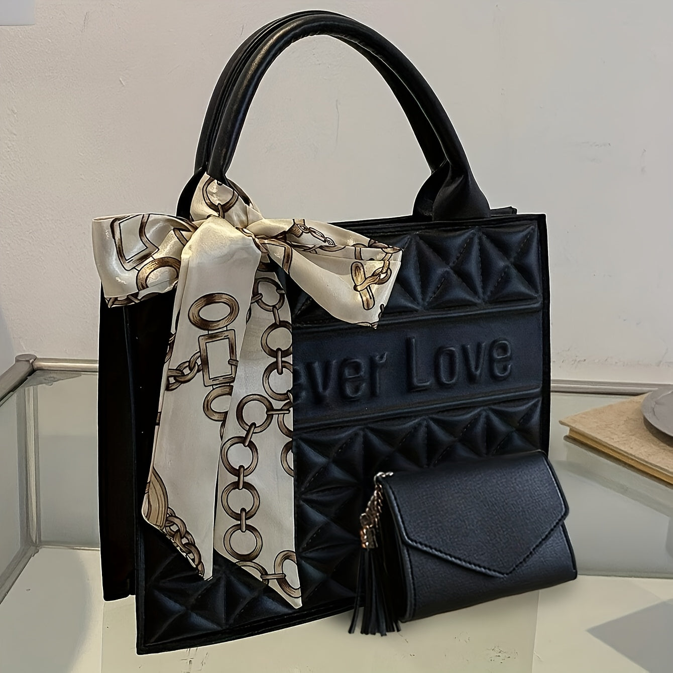 Set 2 Pièces Sac Carré à Motif Matelassé – Sac Cabas Grande Capacité, Sac à Épaule et Petit Portefeuille Assorti, Sac à Main Professionnel pour Femmes au Bureau