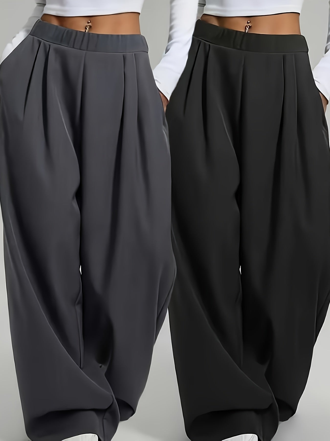 Lot de 2 Pantalons Femme Décontractés – Taille Haute, Ceinture Élastique, Coupe Large, Couleur Unie, Printemps/Été/Automne