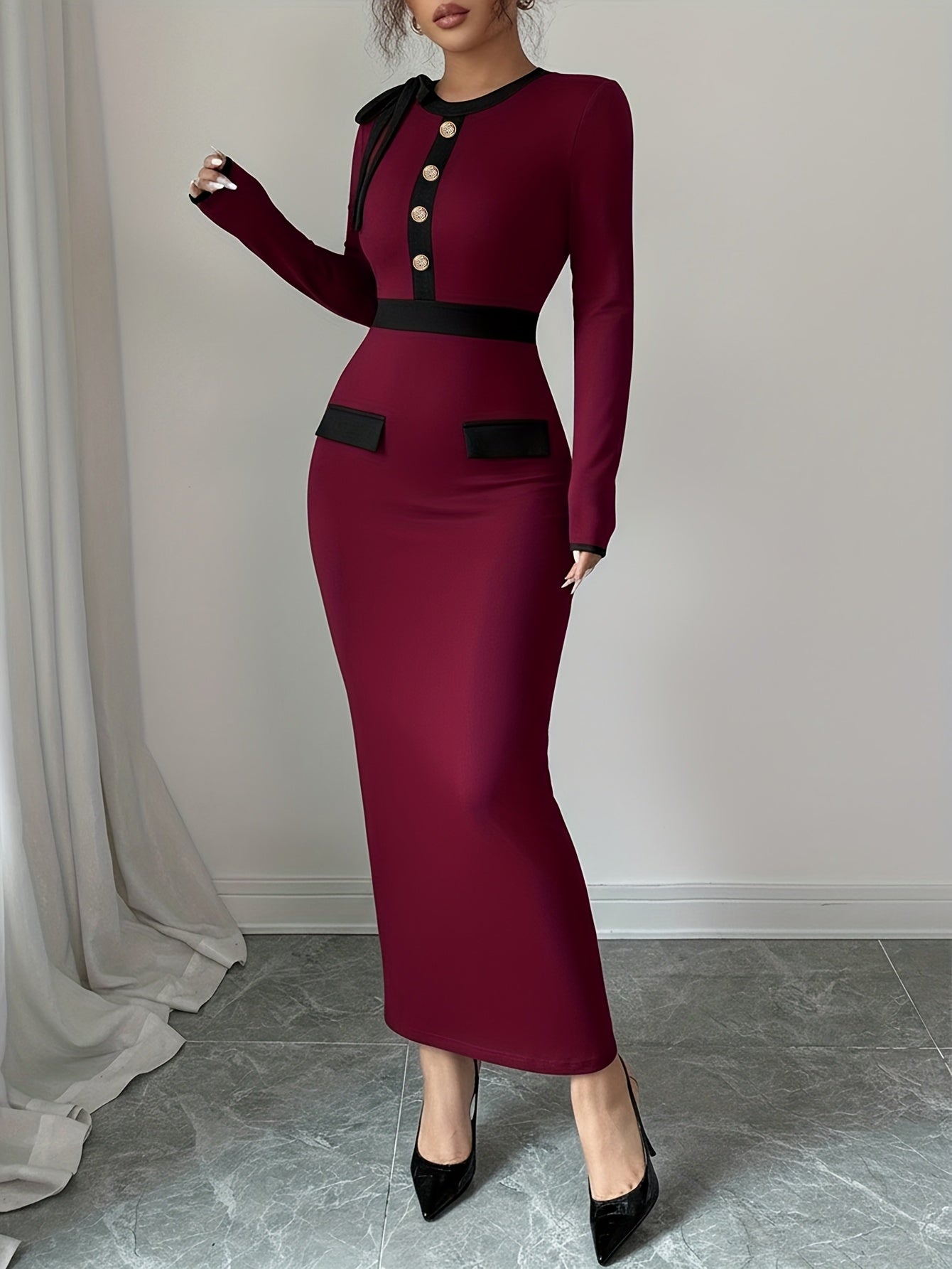 Elegant Color Block Long Sleeve Crew Neck Dress with Shoulder Bowknot | Bodycon Fit, Perfect for Daily Commute and Casual Wear