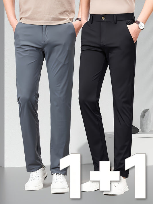 (2pcs) Men's Slim-Fit Business Straight-Leg High-Elasticity Mid-Rise Zipper Solid Color Classic Casual Golf Pants, No Ironing Required, Premium Hand-Wash Comfortable Fabric for All-Season Casual Business Trousers