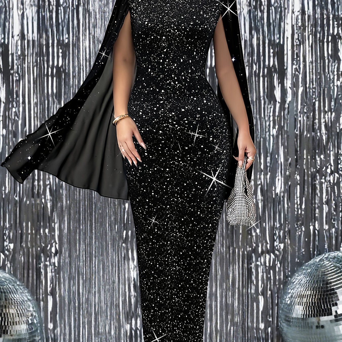 2025 New Elegant Formal Fall Women's Dress, Sequin Evening Gown with Fashionable Spliced Sleeves, Slim-Fit Starlight Long Dress for Halloween Costumes, Parties, and Gatherings