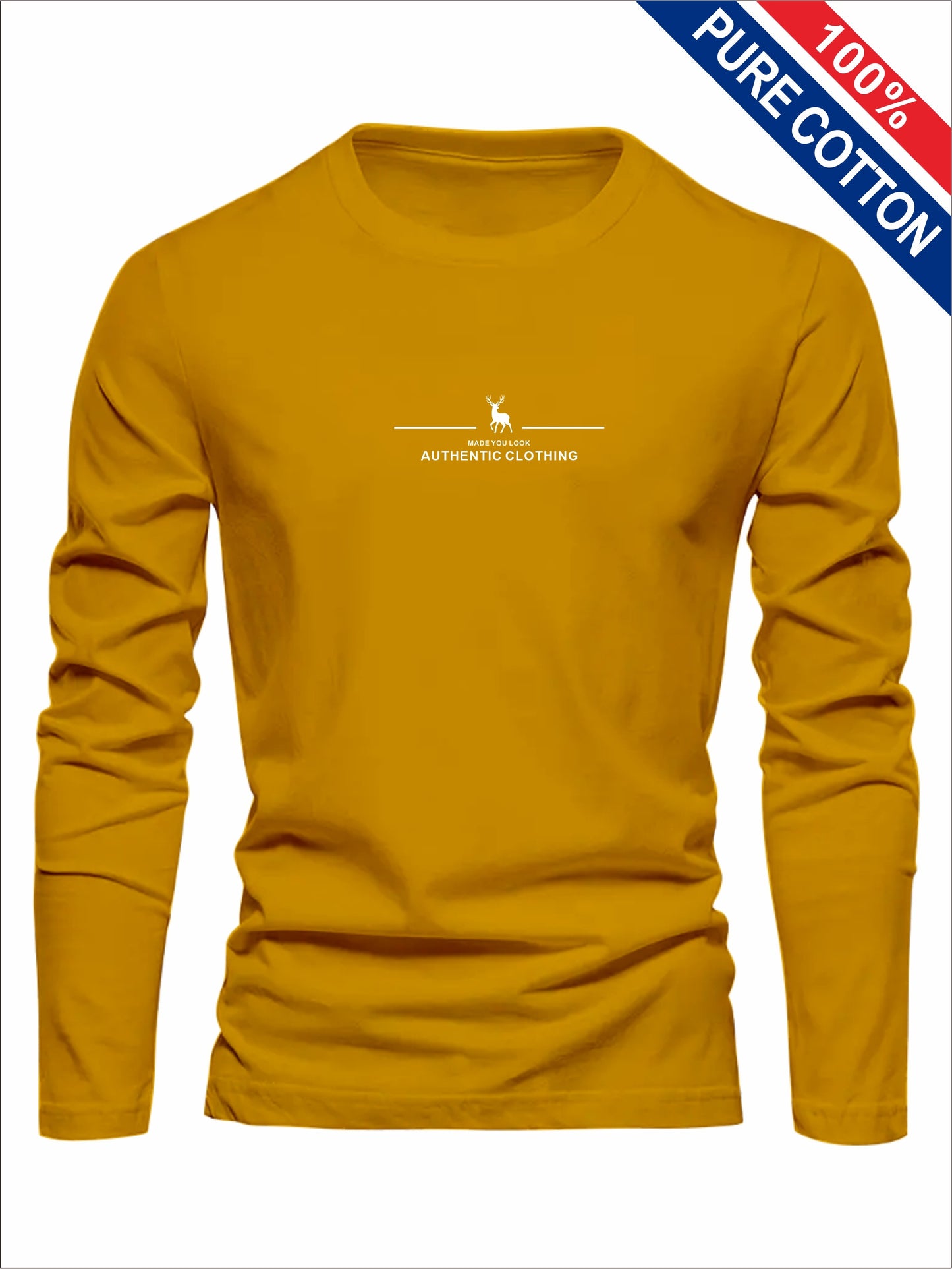 Men's 100% Cotton Long Sleeve T-Shirt - Soft Breathable Casual Round Neck Shirt Suitable for Fall/Winter, Machine Washable Layering Essential for & Social Events - Fabric