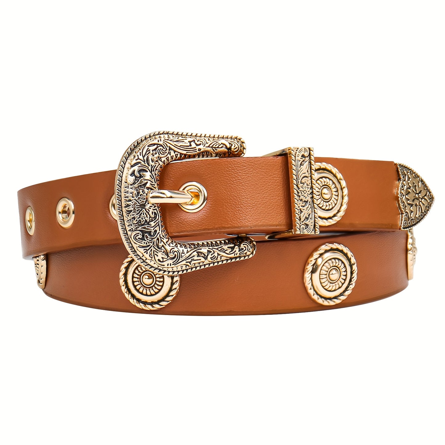 Ceinture pour femmes – Noir avec clous métalliques dorés, boucle métallique ornée, taille standard, pour robes, pantalons et jeans, ceinture style western, ceinture noire imitation cuir