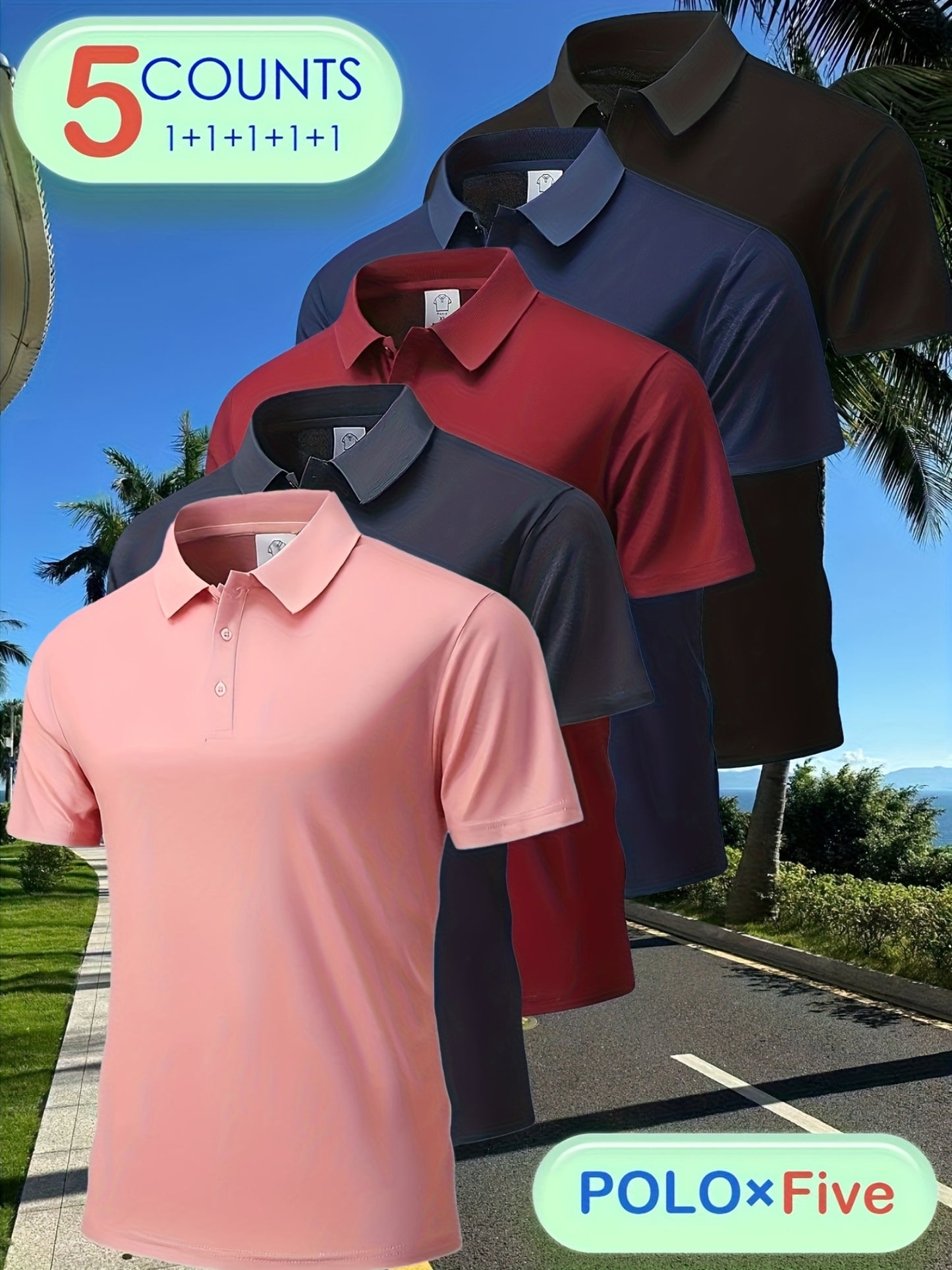 5pcs Men'S Polo Shirts - Elegant Solid Color, High-Quality Fabric, Short Sleeve, Button-Up Collar, Regular Fit, All-Season Wear for Business, Travel, Work, Dates, Home & Golf, Golf Attire | Stylish Polo Set | Durable Fabric