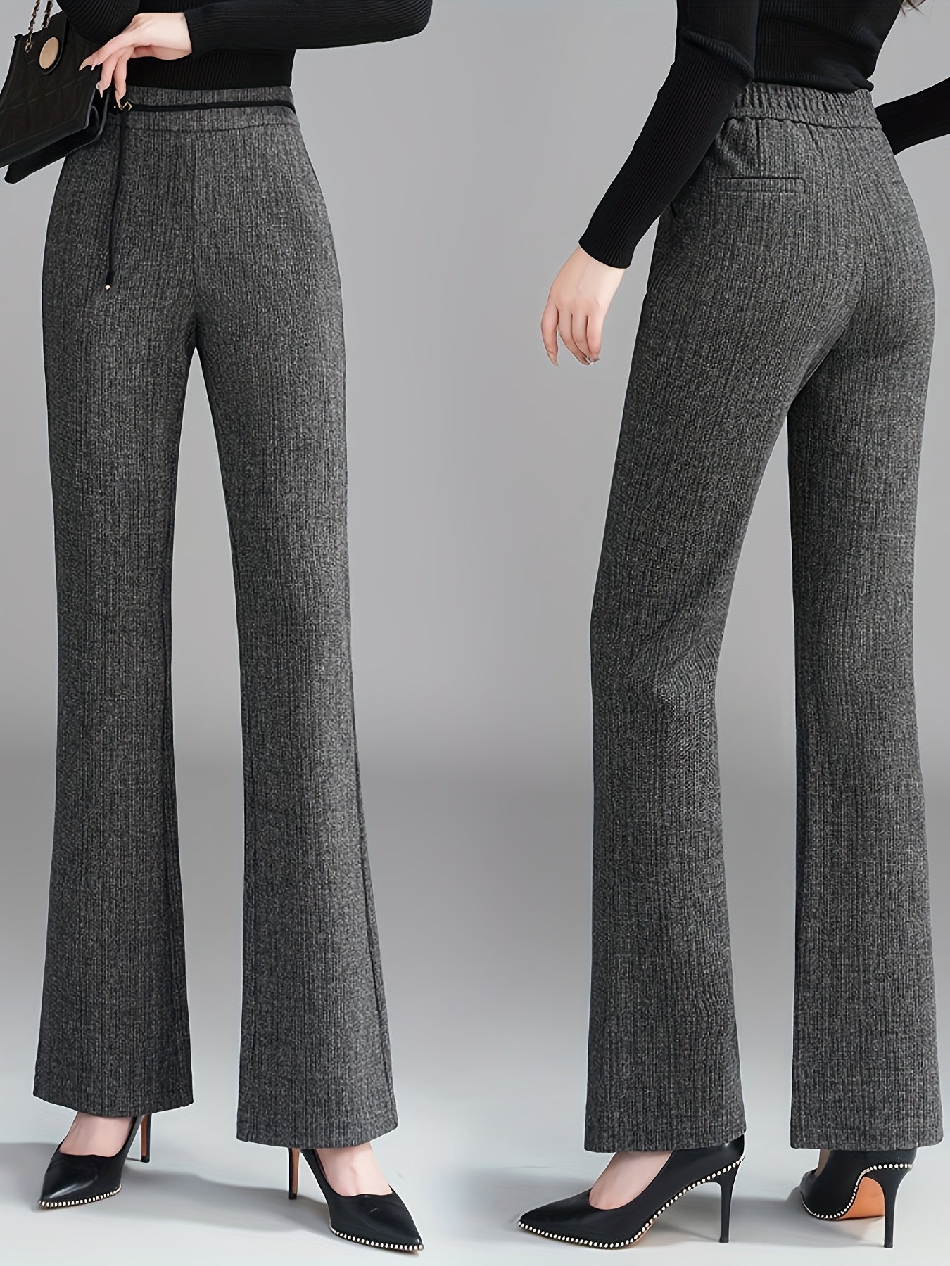 Pantalon Femme Taille Haute Évasé – Gris Côtelé, Boutons Zippés, Confortable et Polyvalent, Printemps/Automne