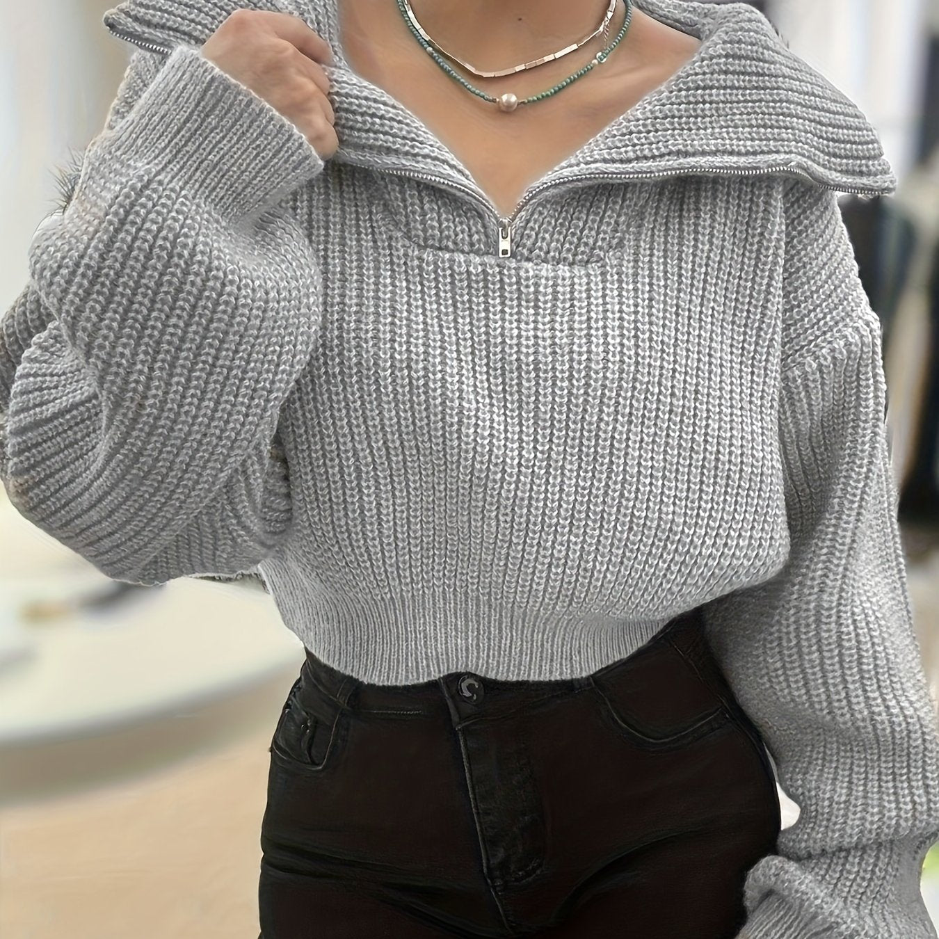 Pull court femme automne-hiver à demi-zip et manches lanterne – Pull côtelé élégant, coupe slim, tissu stretch mi-épais, lavable en machine, style décontracté chic, détail côtelé plié