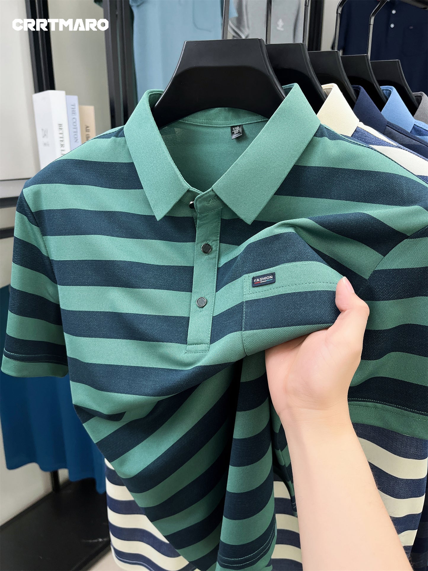 Men'S CRRTMARO Summer Striped Short Sleeve Polo Shirt with Chest Pockets - Casual, Button-Up, Regular Fit, Slight Stretch Fabric, Ideal for Hot Weather, Casual Summer Wear|Striped Pattern|Polyester Fabric