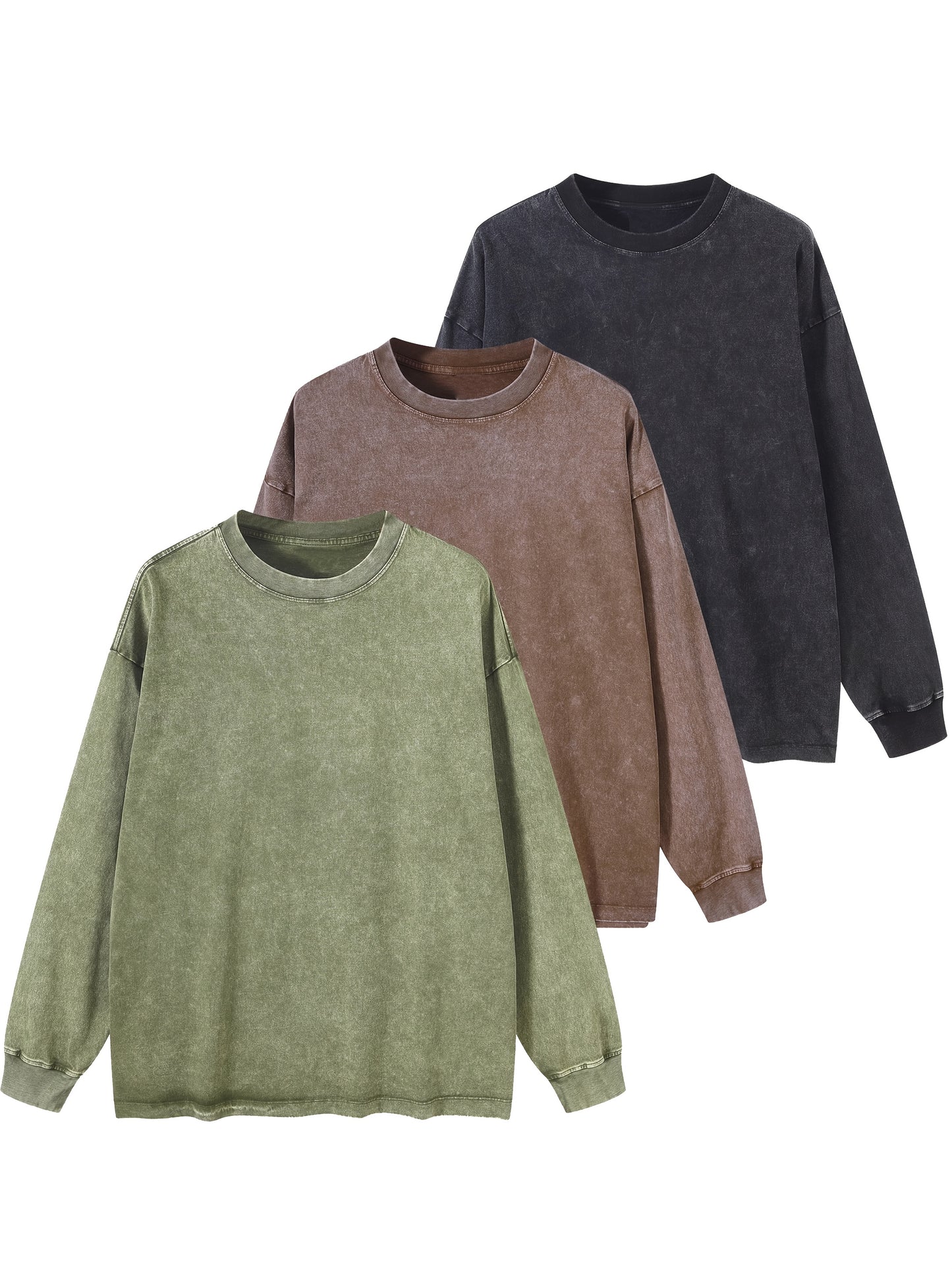 Lot de 3 t-shirts unisexes printemps/automne/hiver – manches longues, col rond côtelé, 240 g, coton pur lourd, style vintage usé délavé, tendance pour couples, nouveau