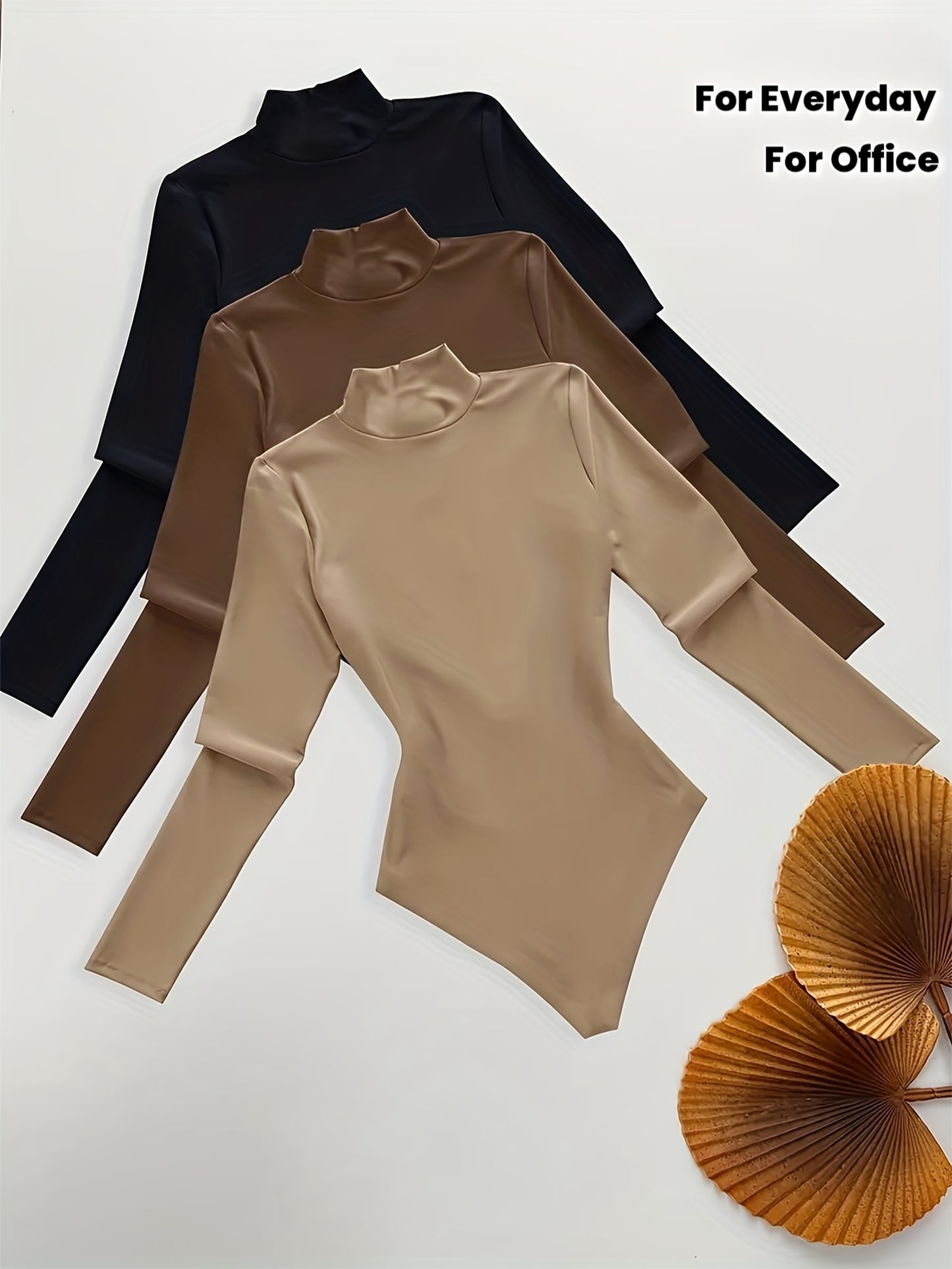 T-shirt Femme Élégant Manches Longues - Tissu Doux Extensible, Col Montant Slim pour Tenues Quotidiennes et Formelles, Polyvalent Printemps/Automne, Bureau, Soirée, Casual