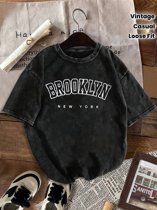 Men'S Brooklyn New York Graphic T-Shirt - Heavyweight Vintage Streetwear Tee with Drop Shoulder Sleeves, Oversized Loose Fit Crewneck Shirt in Black/White Print for Urban Fashion, Concerts, Gym - Big & Tall Sizes Available -