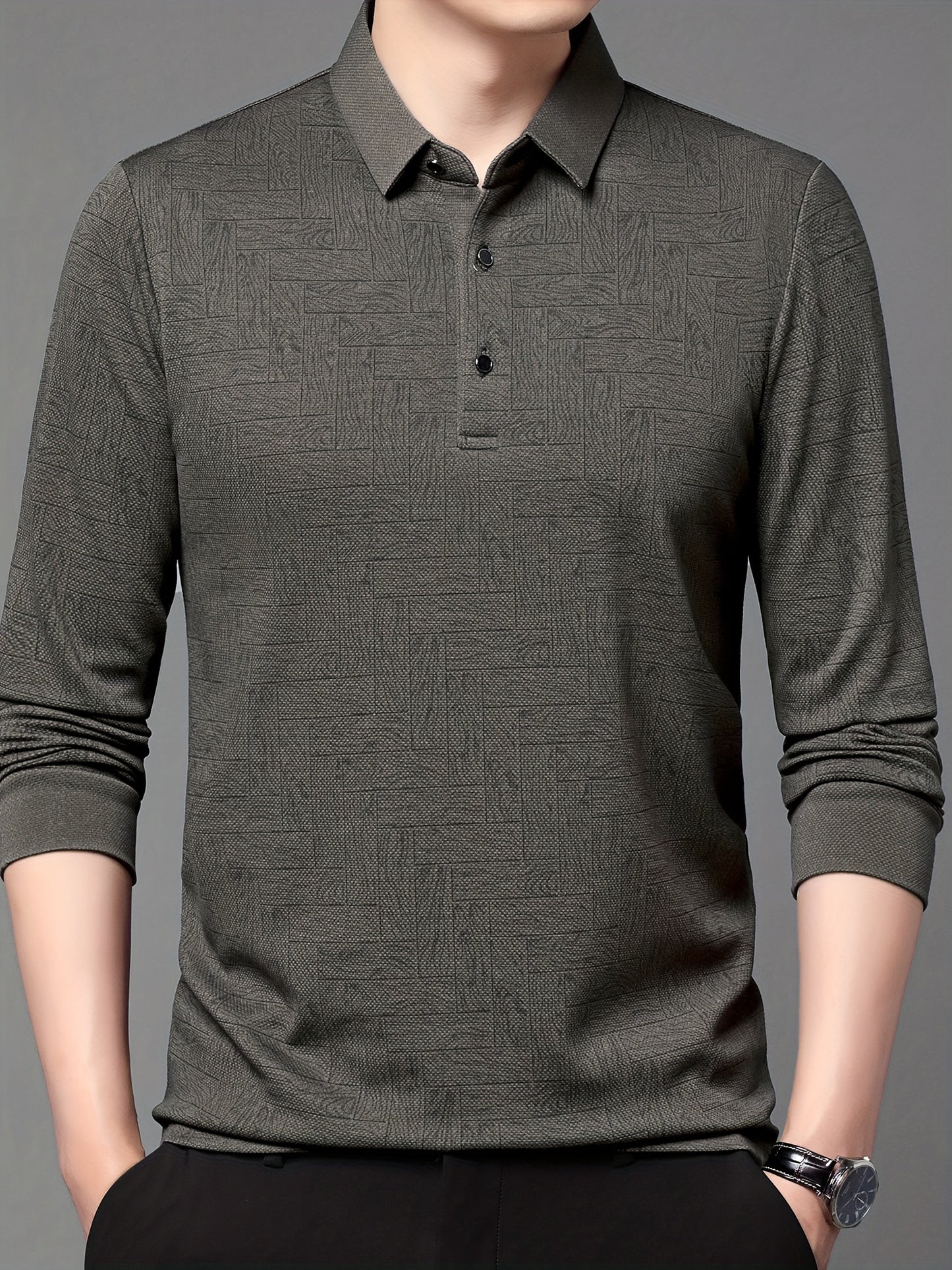 Men'S Geometric Mahjong Block Long Sleeve Polo Shirt - Casual & Stylish Business-Casual Lapel Collar, Polyester Blend, Perfect for Spring/Fall