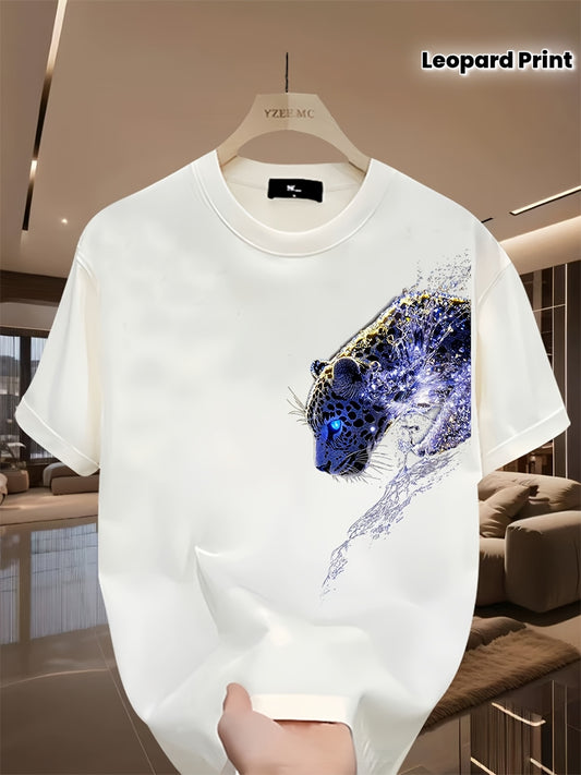 Men'S 100% Cotton Casual Short Sleeve T-Shirt with Vibrant Leopard Print - Summer Round Neck Tee, Regular Fit, Breathable & Comfortable for Casual Attire, Leopard Print Tee, Comfortable Clothing, Modern Casualwear, Durable Fa