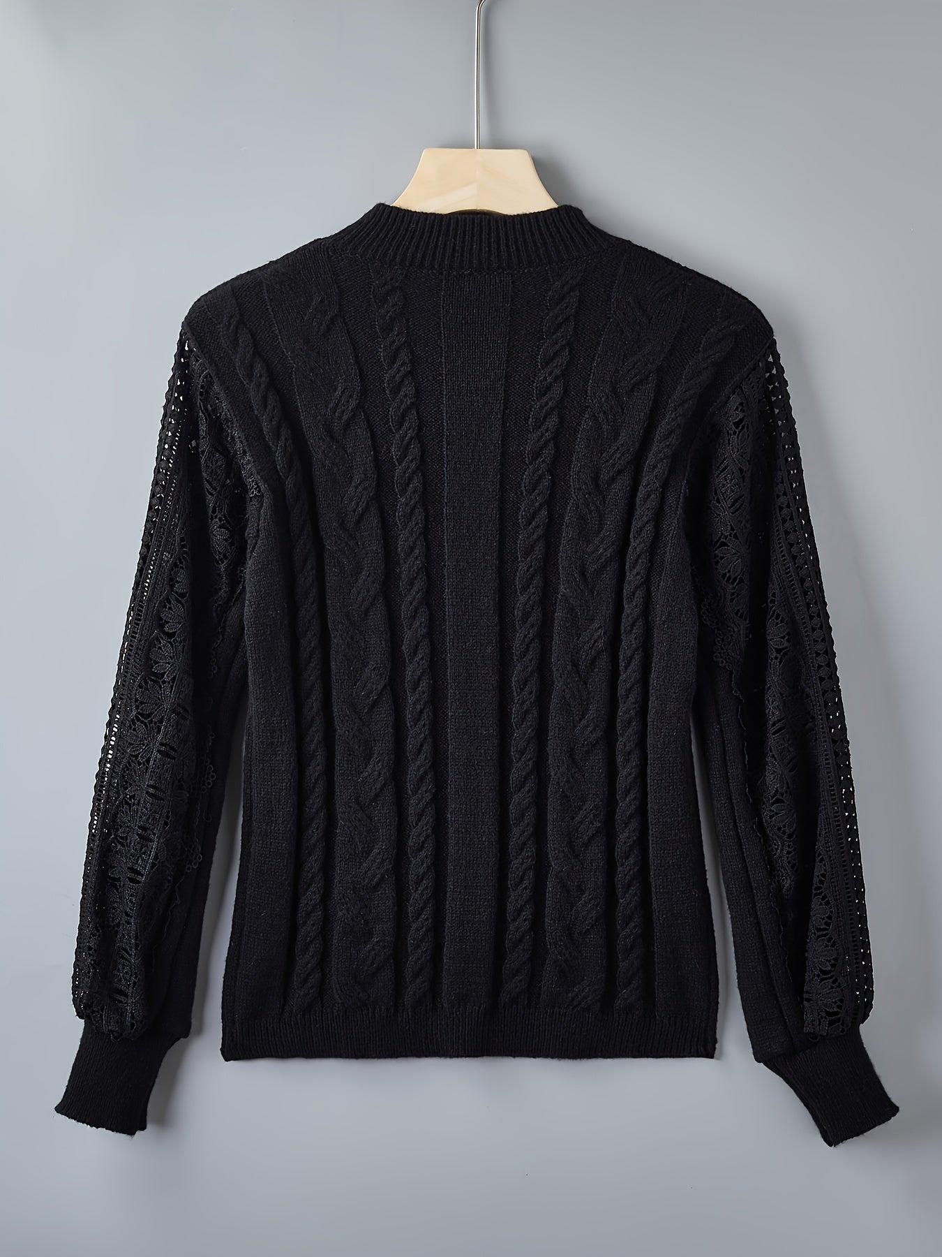 Pull élégant pour femmes à col montant, manches longues, motif géométrique, semi-transparent avec bordure en dentelle, automne-hiver, confort extensible, style casual et formel