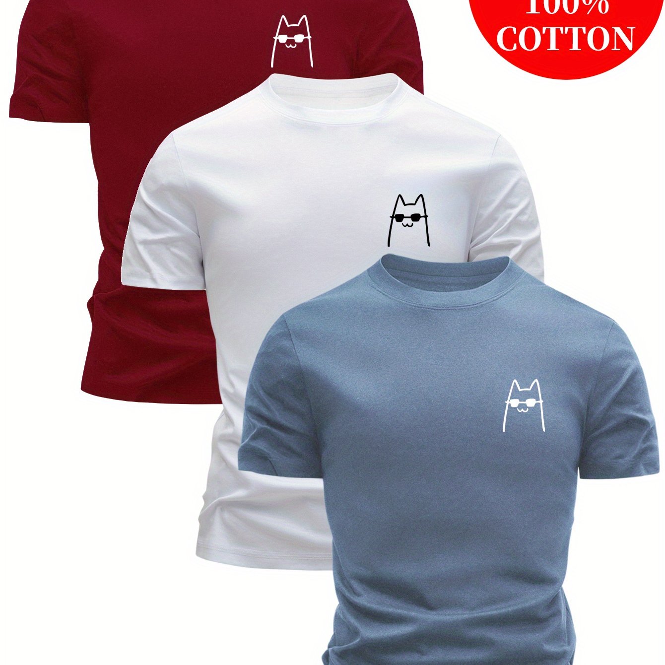 3pcs 100% Cotton T-Shirts, Funny Summer Casual Top for Men with Cartoon Cat Design, Leisure Clothing, Relaxed Fit, Cartoon Print, Playful Design, Cotton Fabric, Comfortable Fit, Short Sleeve Tee, Fitted Shirt, Casual Wearers,