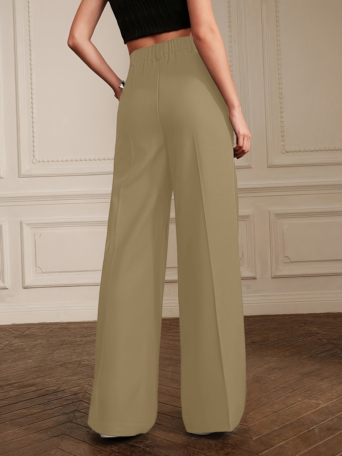 Pantalon Femme Taille Haute – Jambe Droite Noire, Poches Obliques, Bureau et Décontracté