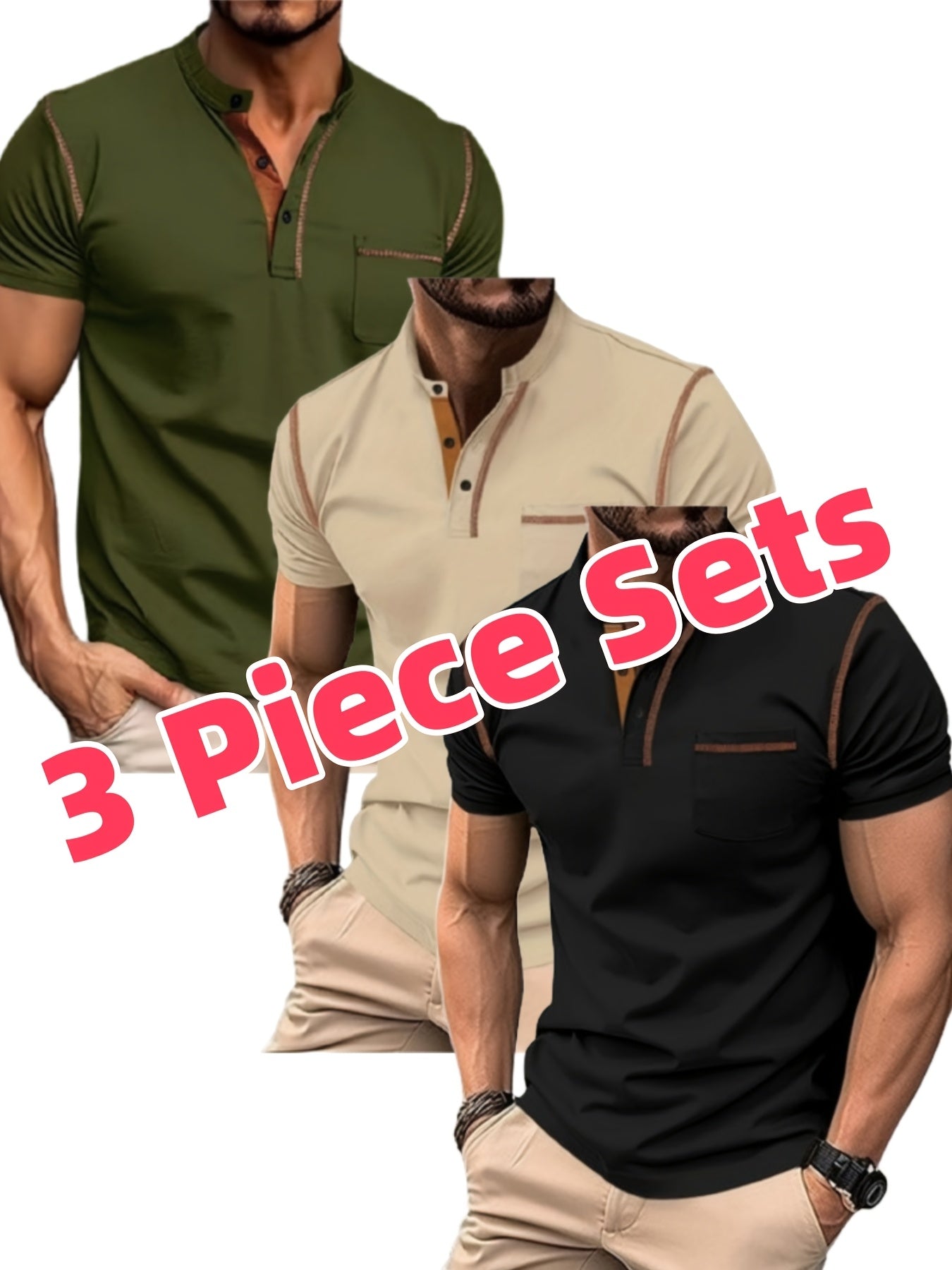 Lot de 3 Henley Manches Courtes – Tops Casual Golf & Tennis
