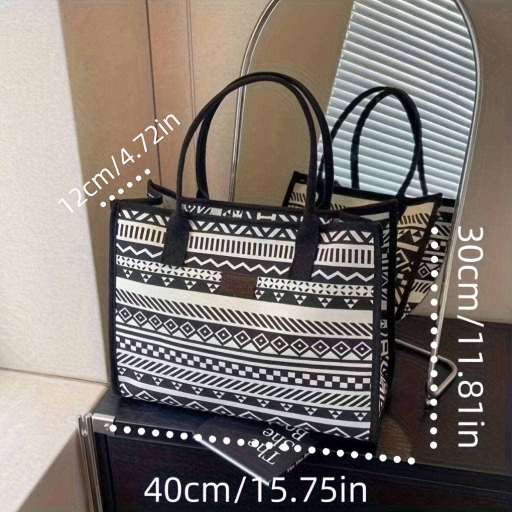 Sac Cabas en Toile Géométrique d’Inspiration Vintage pour Femmes – Grande Capacité, Portable avec Fermeture Éclair, Lavable à la Main, Design Stylé et Motifs, Sac Cabas Quotidien | Design Vintage | Fermeture Éclair, Sac Cabas