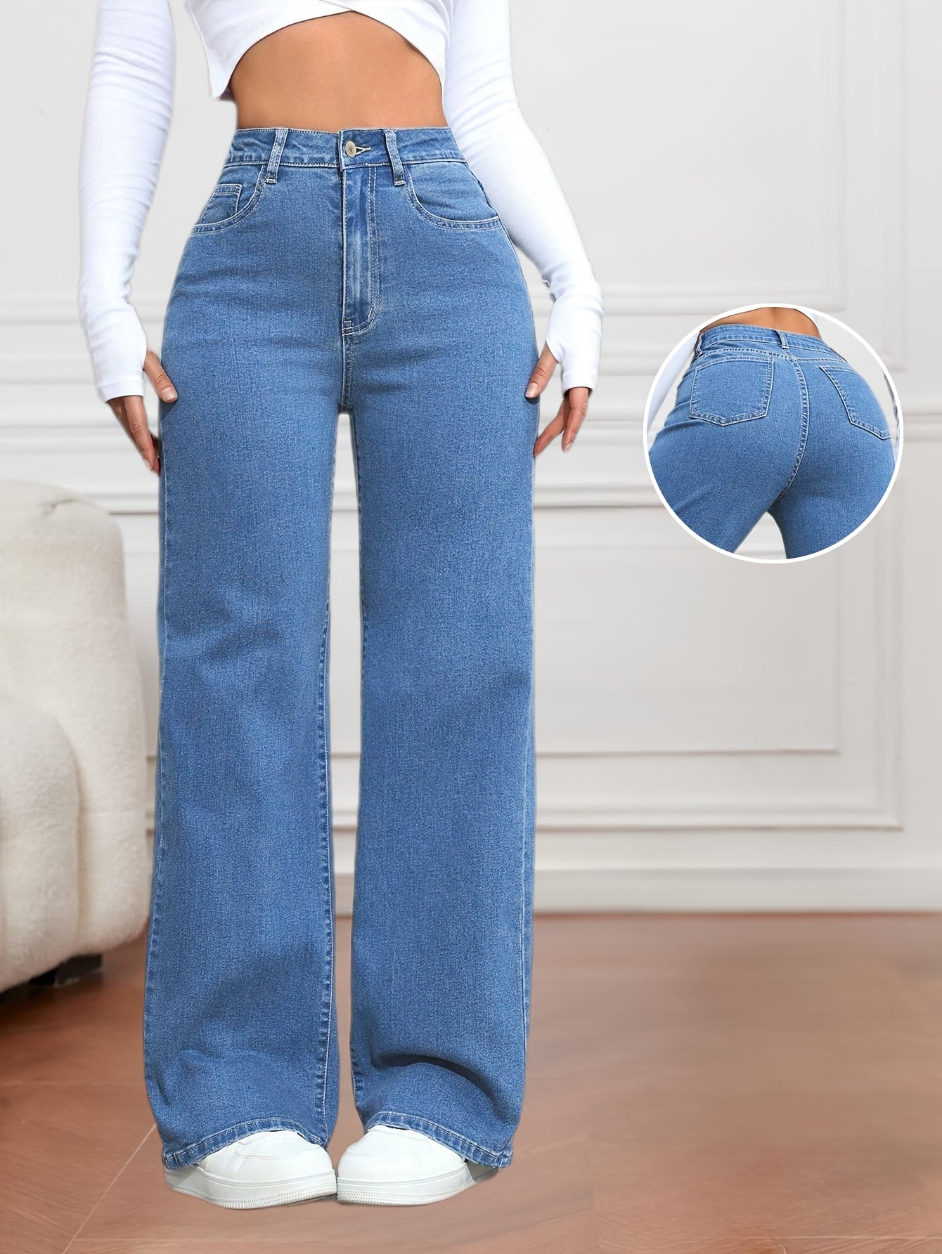 Jeans femme bleu à jambes larges – décontracté, denim extensible, fermeture à boutons, confort toutes saisons, tenue décontractée | jeans larges | tissu tissé