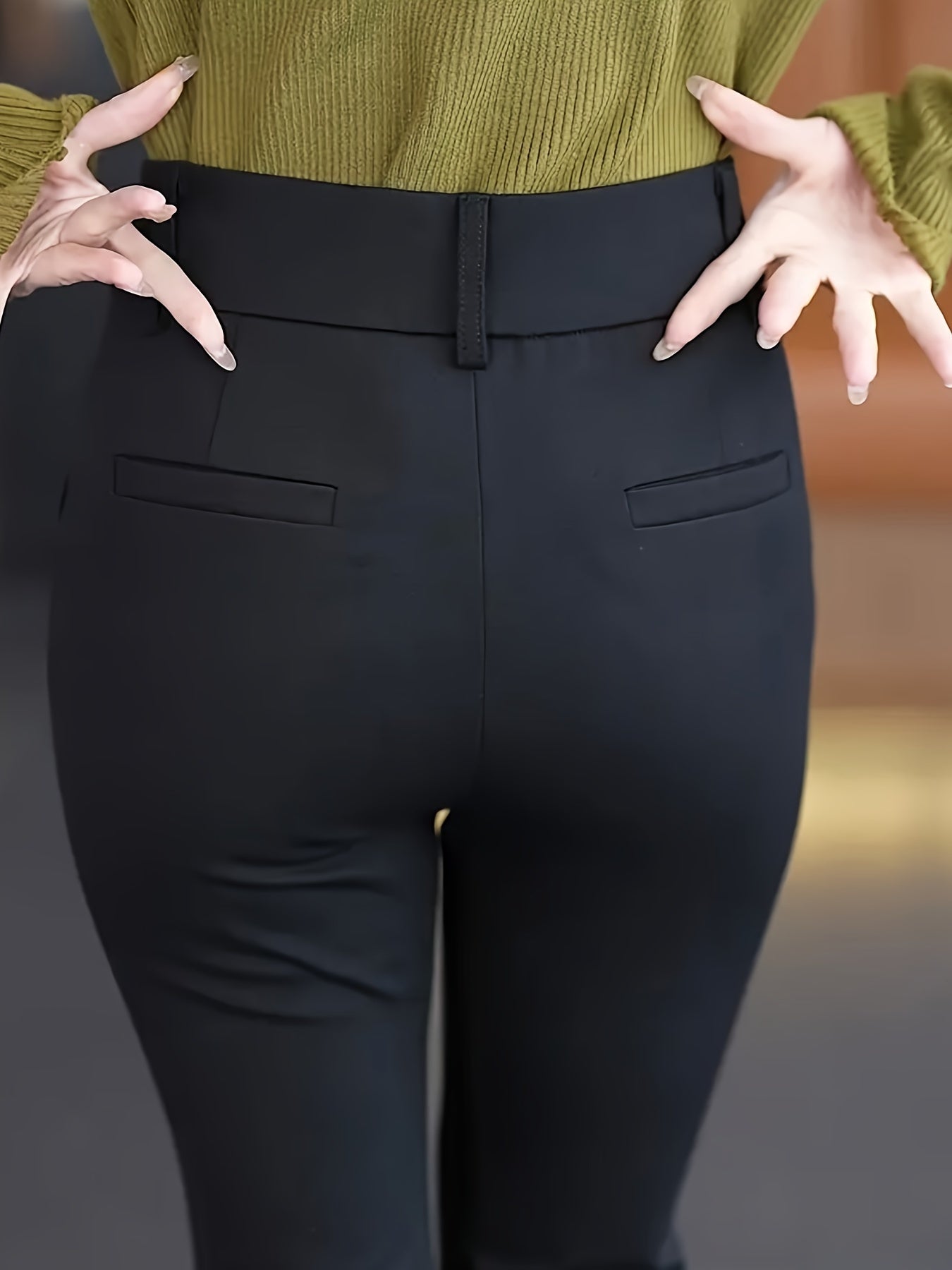 Pantalon Femme Taille Haute – Jambe Droite Noir, Confortable, Taille Élastique, Boutons, Bureau et Décontracté