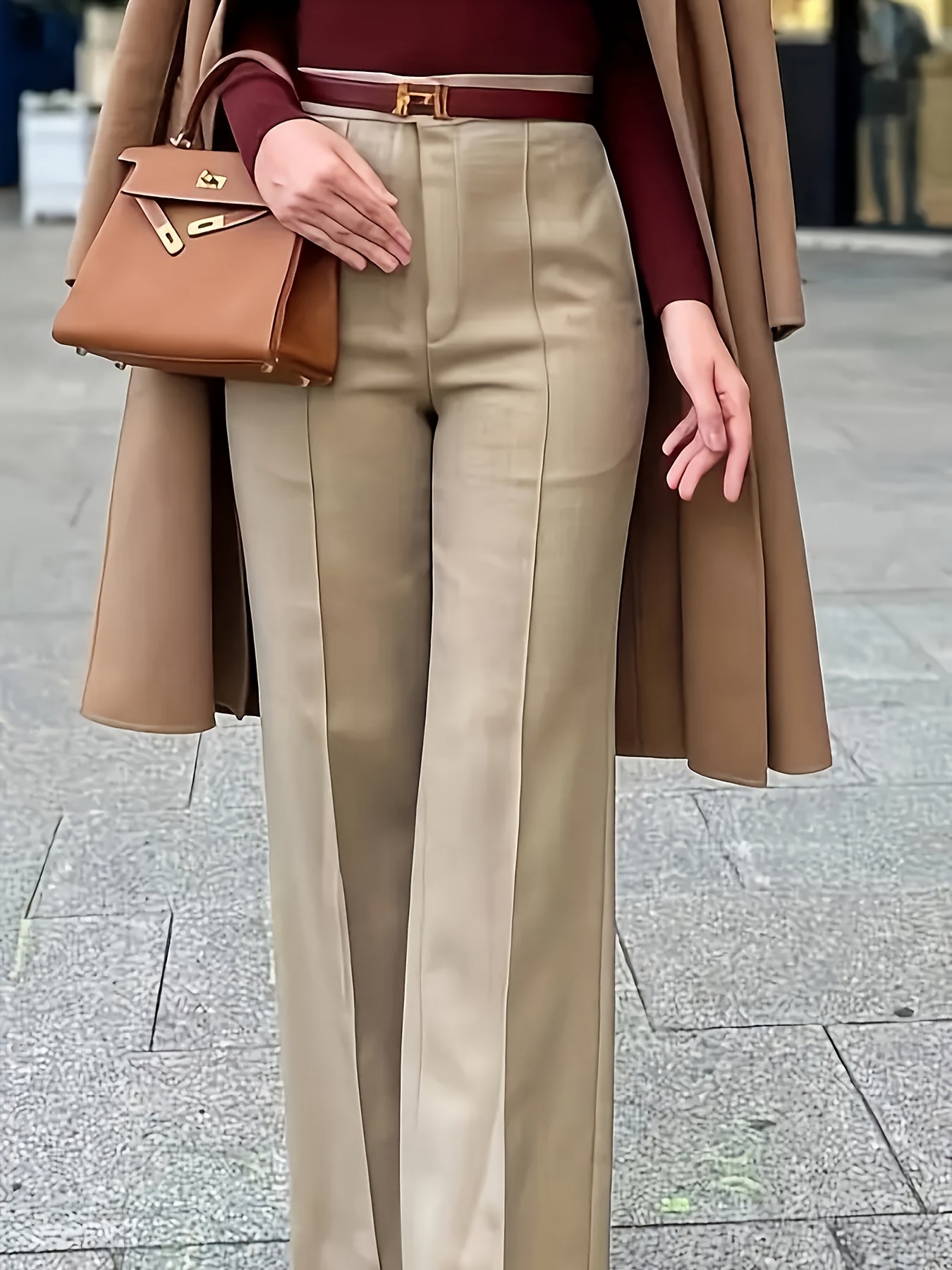 Pantalon Femme Taille Haute – Jambe Large, Extensible, Poches et Fermeture Zippée, Couleur Unie, Tous Saisons