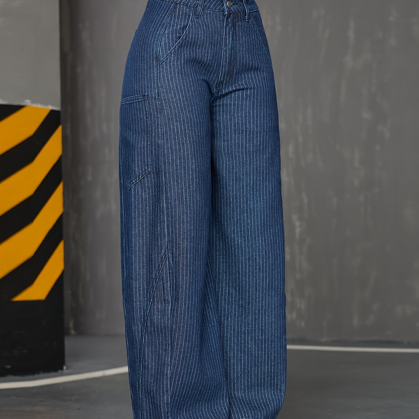 Jeans femmes taille haute, jambe large, coupe droite détendue, fermeture éclair, ceinture non incluse, denim non extensible, pantalon rayé vertical anti-froissement pour tenue casual et formelle