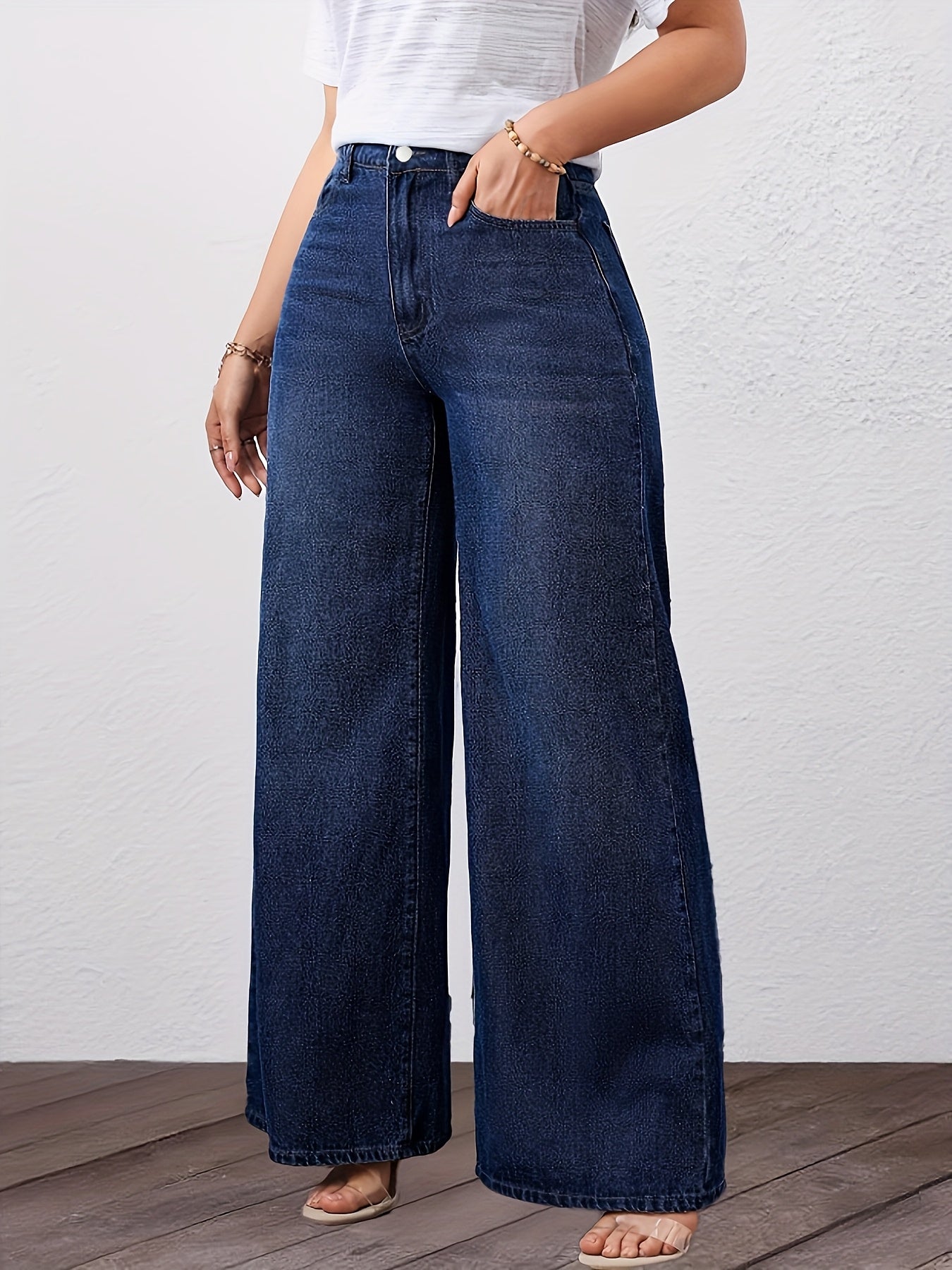 Jeans Femme Taille Haute Jambe Large Extensible Non Transparent Polyvalent Toute Saison