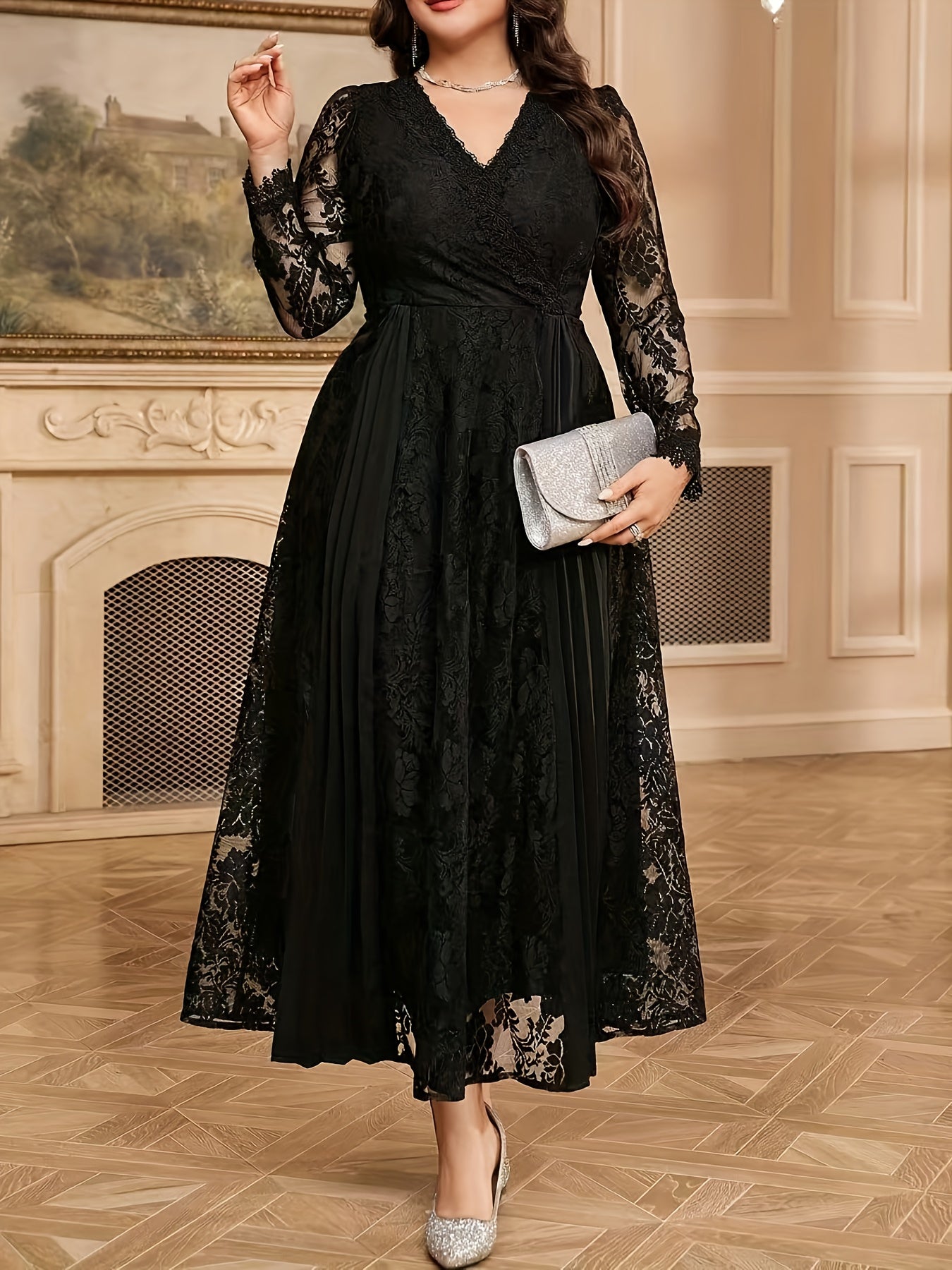 Plus Size - An Elegant Plus-Size Solid Color V-Neck Lace Long-Sleeve Dress, Featuring a Pleated Hem Design, Stylish And Graceful, Suitable for Banquets, Weddings, Parties, Celebrations, And Dates.