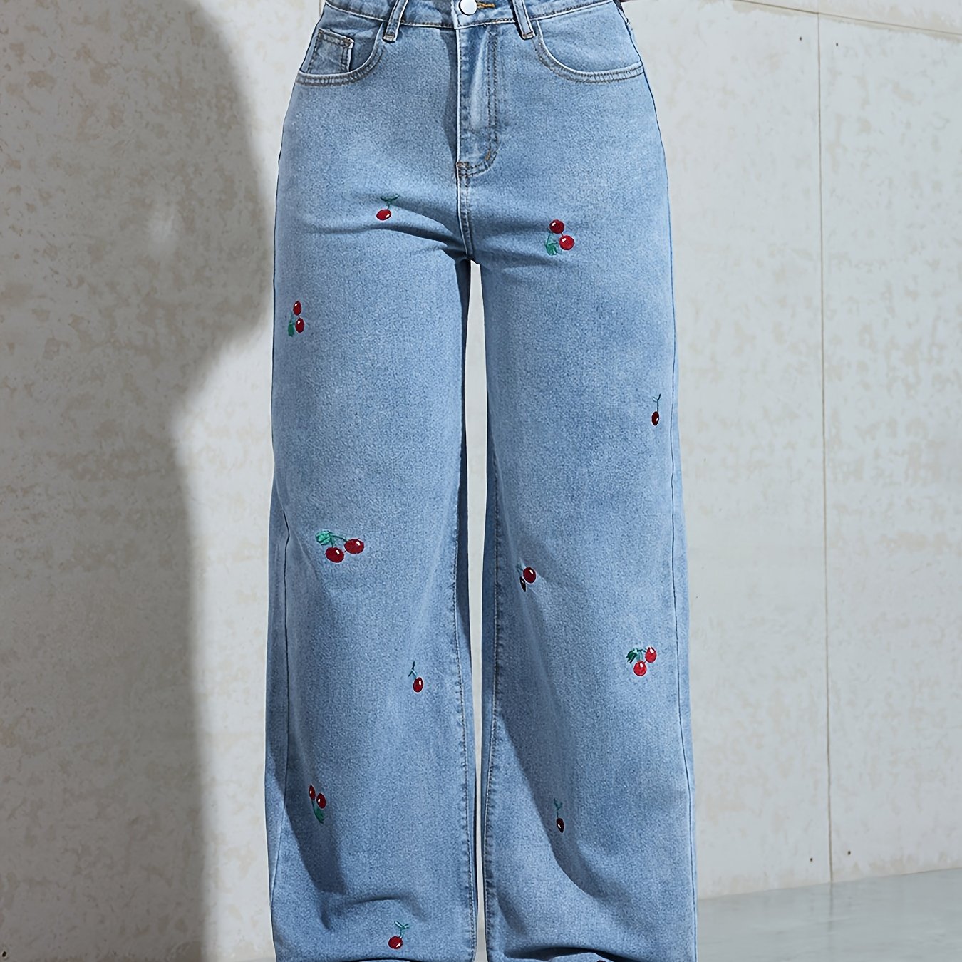 Jeans Femme Jambe Droite Large Faux Denim Broderie Cerise Extensible Effet Usé Confort Toute Saison Décontracté Durable