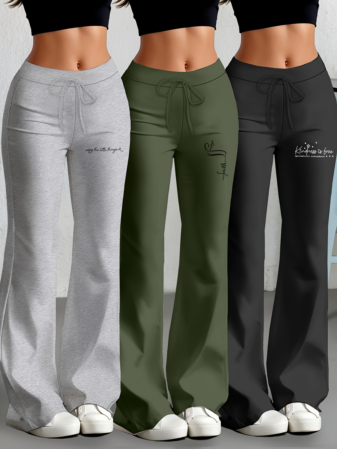 Lot de 3 Pantalons Femme Européens et Américains – Jambe Droite Évasée avec Texte Anglais Classique