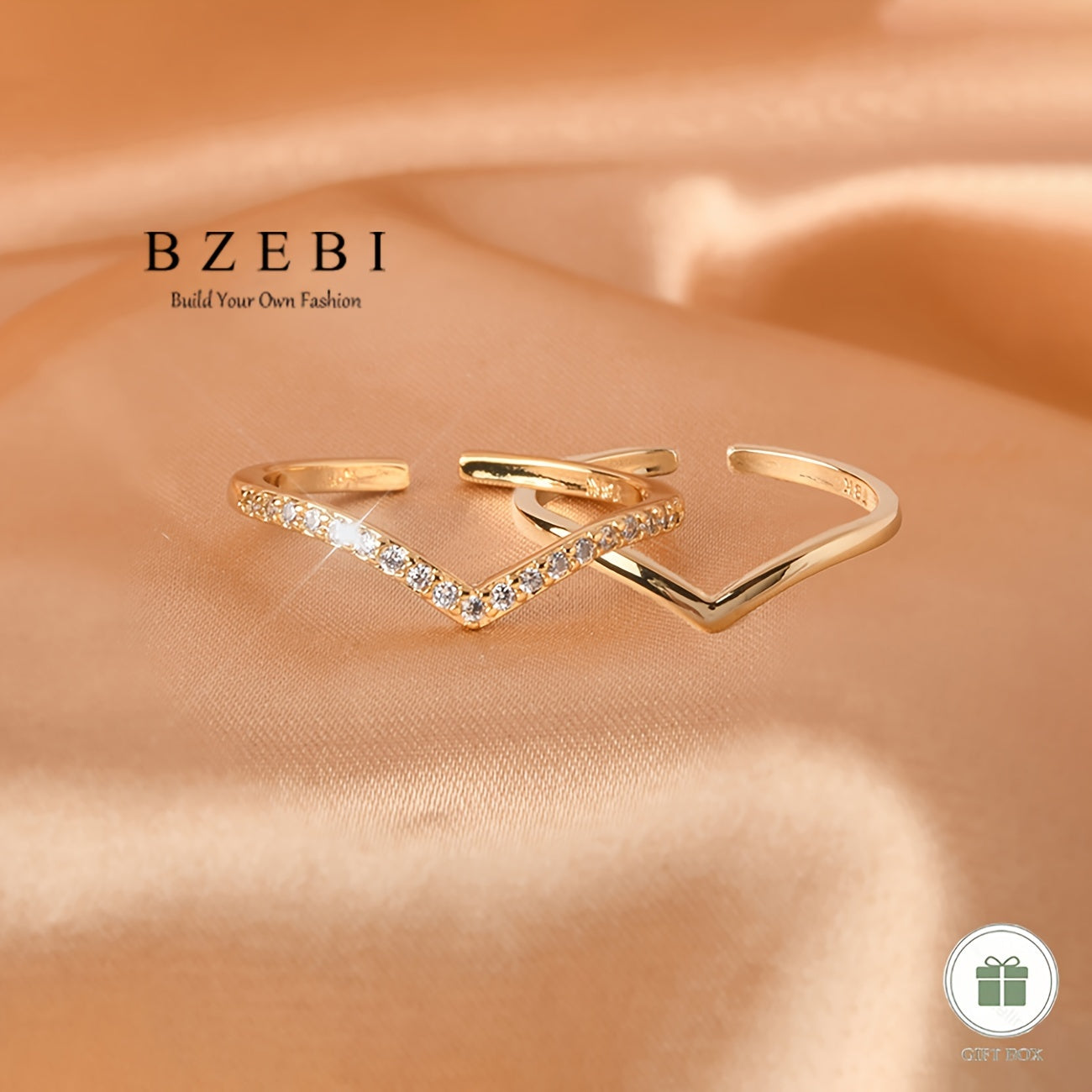 18K Gold Plated 2pcs V-Shaped Ring Jewelry Set, Fashionable Elegant Minimalist Adjustable Women's Birthday Christmas Mother's Day Valentine's Day Gift with Gift Box 726r+727r