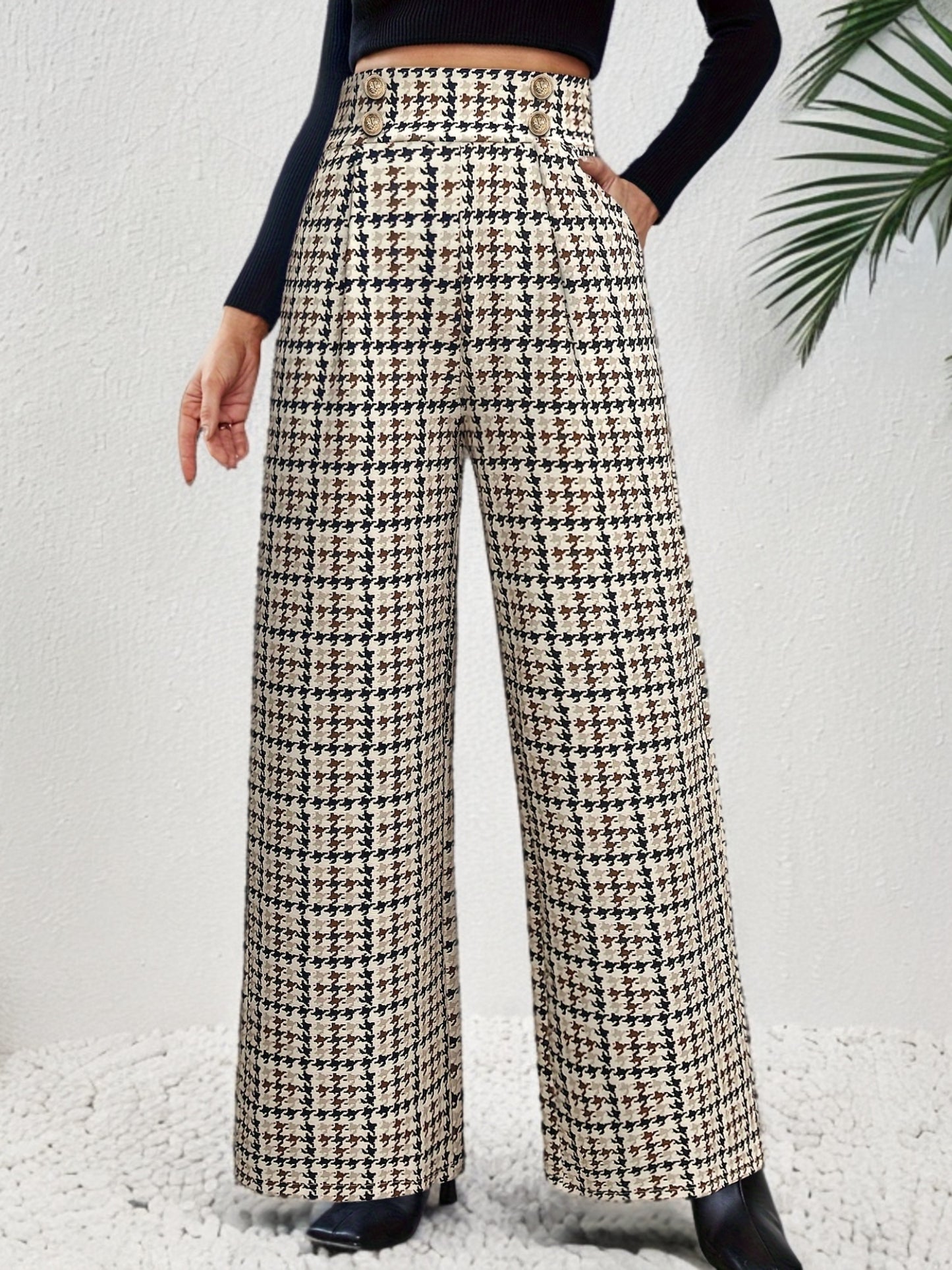 Pantalon Femme Élégant Taille Haute – Jambe Large, Motif Pied-de-Poule, Double Boutonnage, Beige et Noir, Bureau et Décontracté