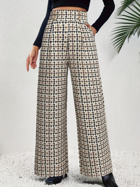Pantalon Femme Élégant Taille Haute – Jambe Large, Motif Pied-de-Poule, Double Boutonnage, Beige et Noir, Bureau et Décontracté
