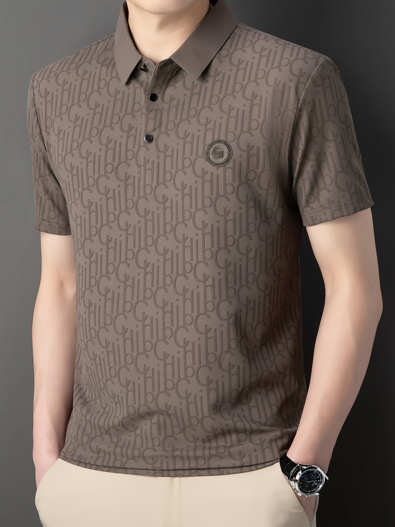 Men'S Breathable Summer Graphic T-Shirt - Short Sleeve, Button-Up Collar, Casual Streetwear with Stylish "H" Print Design, Lightweight Polyester Fabric for Golf, Tennis & Weekend Outing